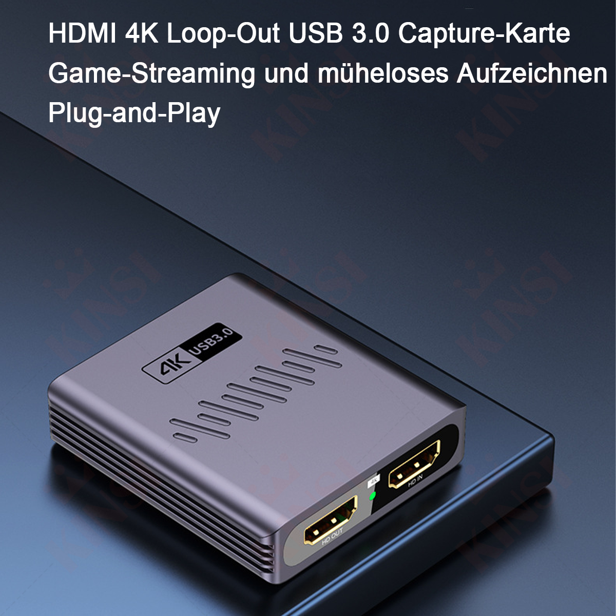 Graue HDMI 4K USB 3.0-Capture-Karte mit Anschlüssen HD OUT und HD IN. Oben steht 'HDMI 4K Loop-Out...'