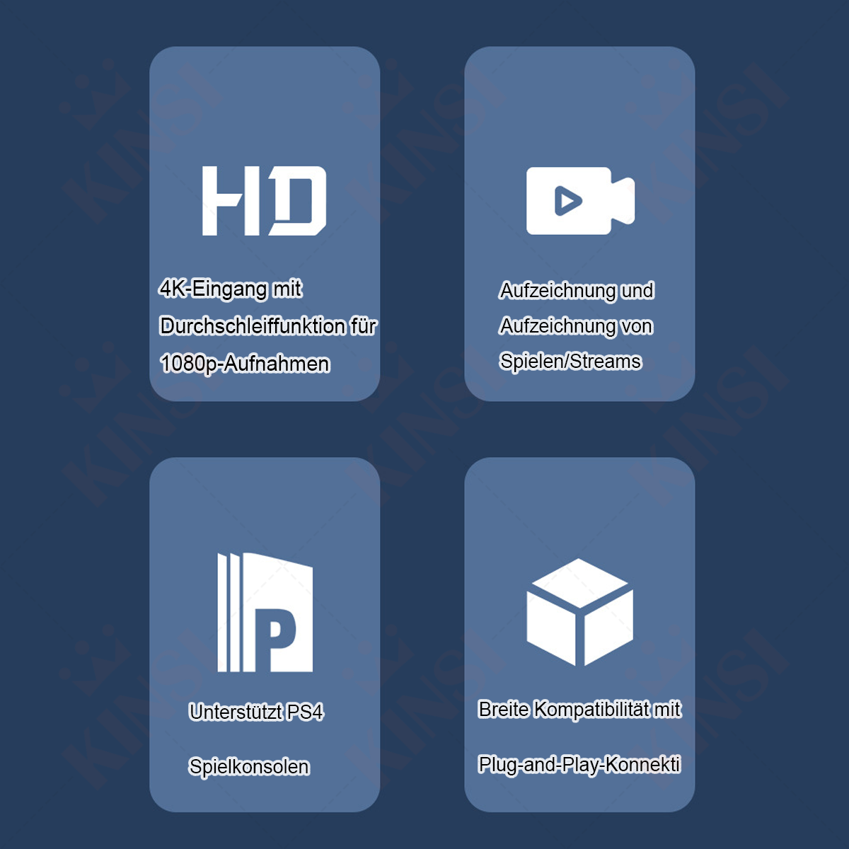 Das Bild zeigt Funktionen: 4K-Eingang, Aufnahme, PS4-Unterstützung und breite Kompatibilität. Symbole und Text auf blauem Hintergrund.