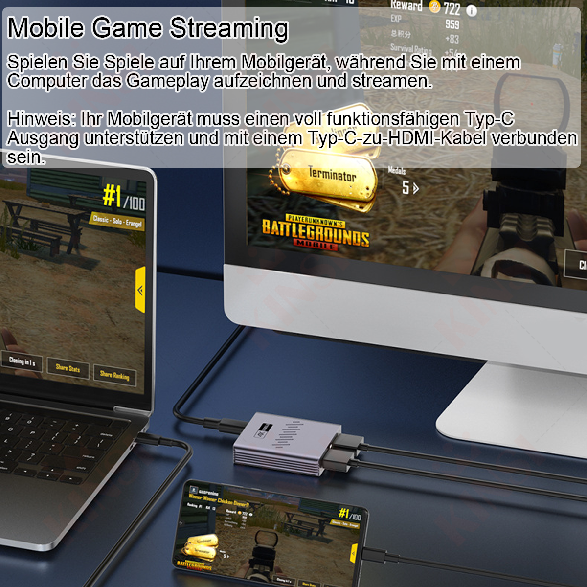 Smartphone und Laptop sind über einen silbernen Adapter mit einem Monitor verbunden und zeigen eine mobile Spieloberfläche.