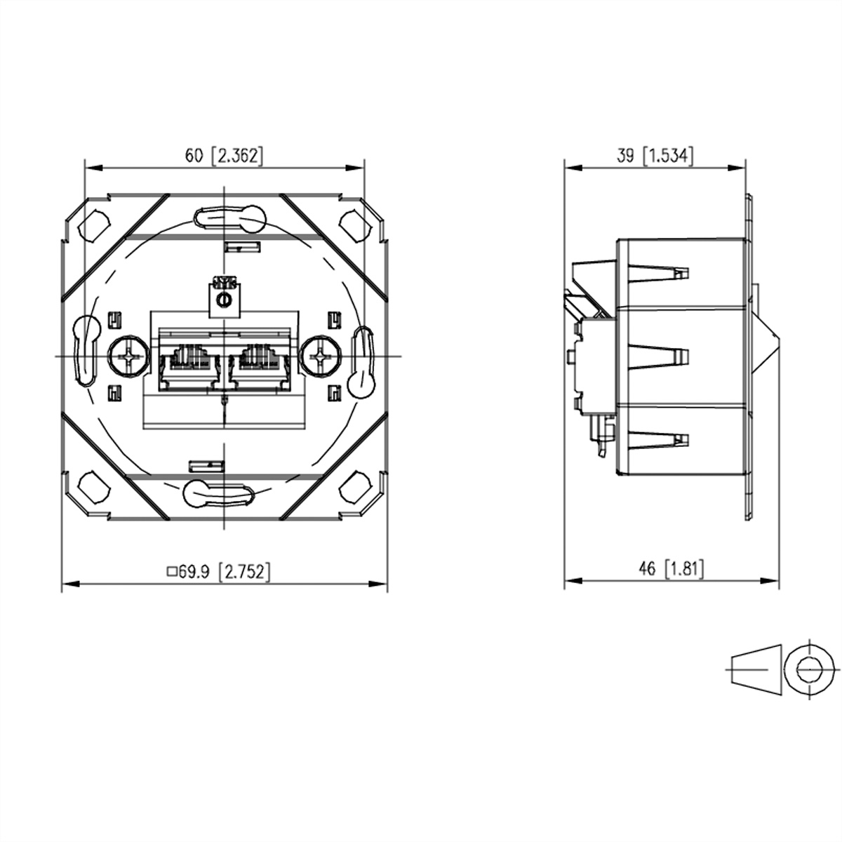 Disegno tecnico di un componente elettrico, con viste dall'alto e laterali con dimensioni in mm e pollici, e una vista di dettaglio.