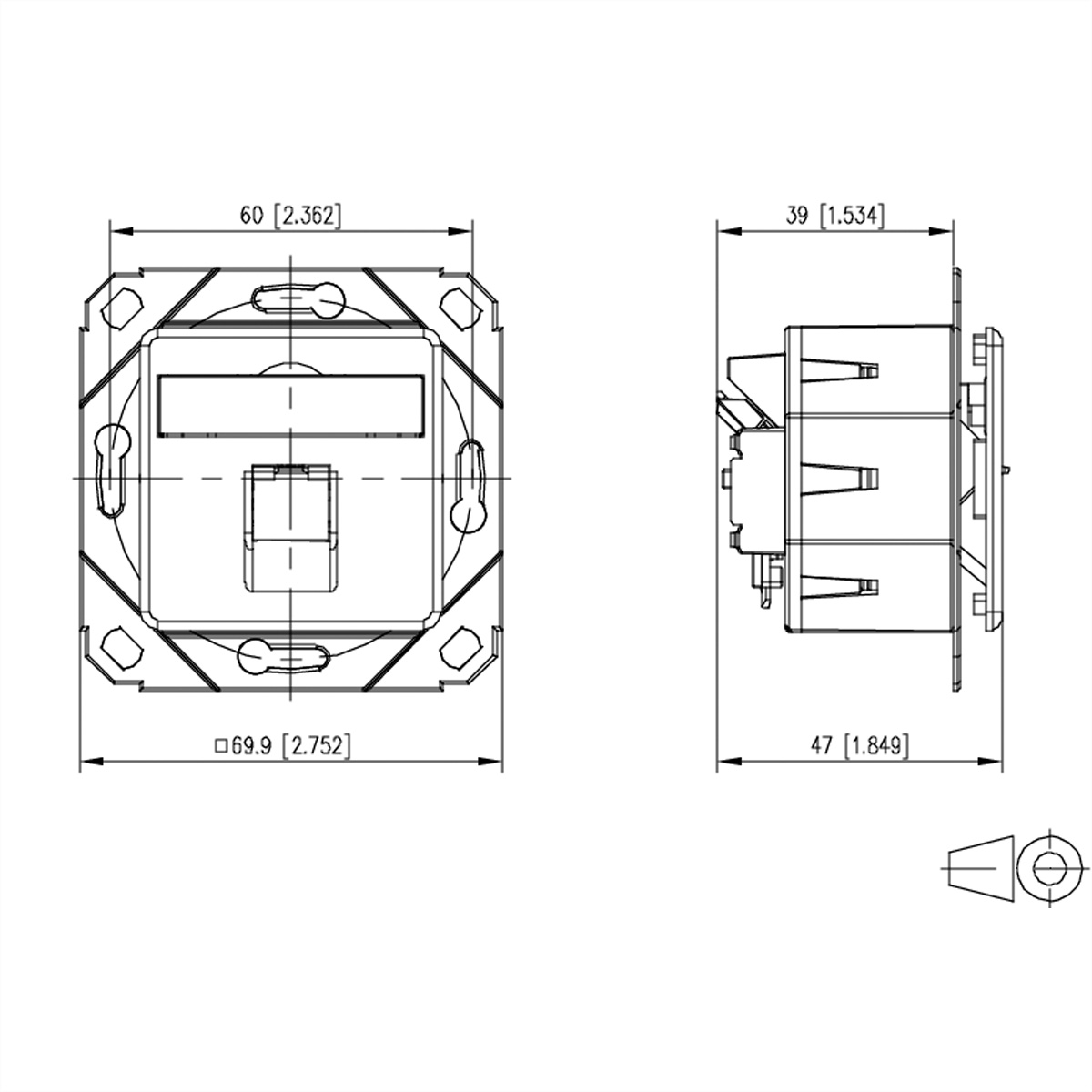Disegno tecnico di un componente elettrico, con viste frontali e laterali e dimensioni in mm e pollici.
