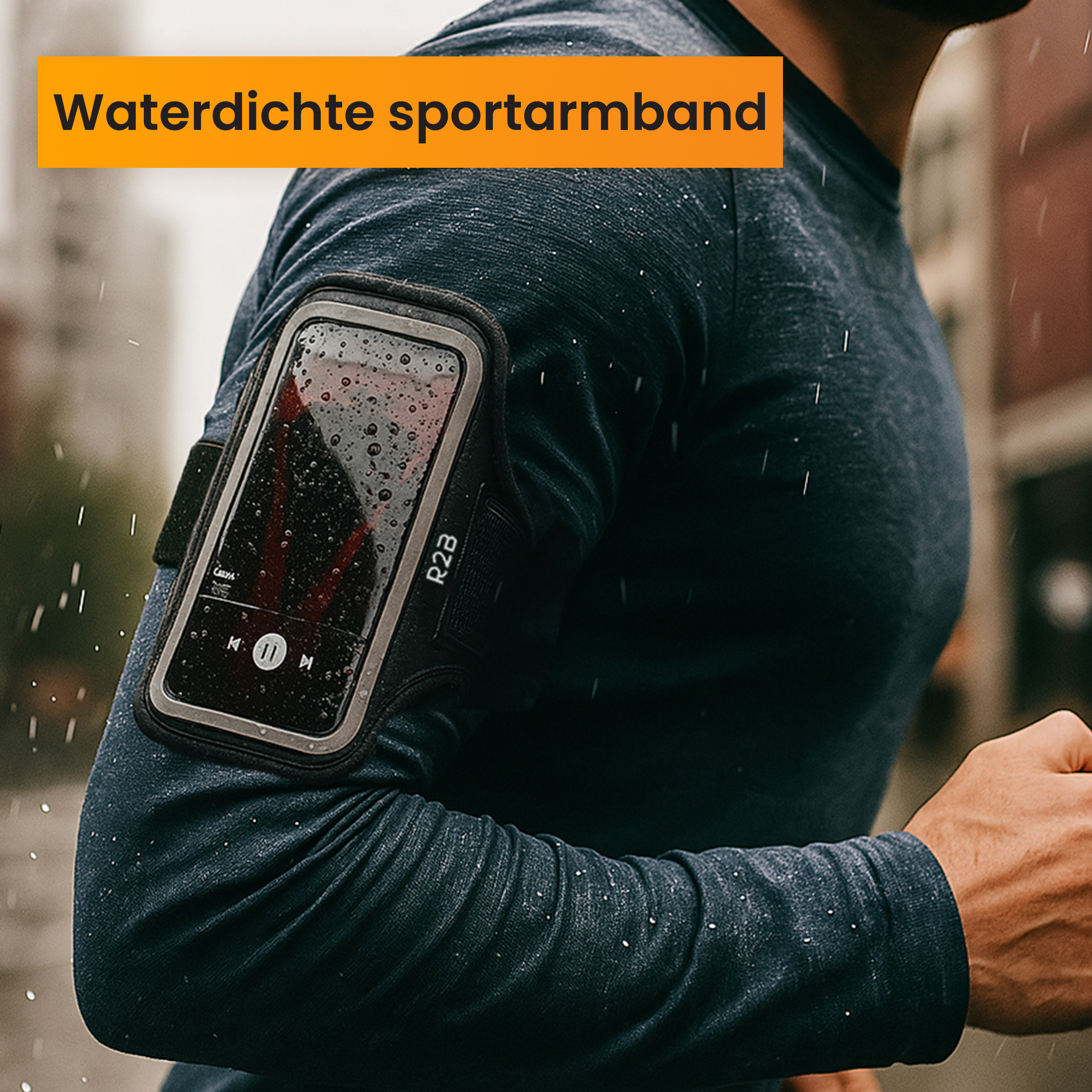 Ein Mann trägt ein wasserdichtes Armband mit einem Telefon. Regentropfen sind sichtbar. Der Text 'Waterdichte sportarmband' steht oben.