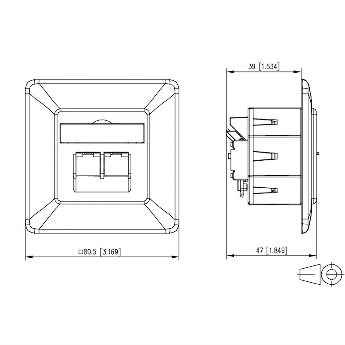 Disegno tecnico di una presa elettrica quadrata con dimensioni. Mostra viste frontali e laterali, con etichette di misura in mm e pollici.