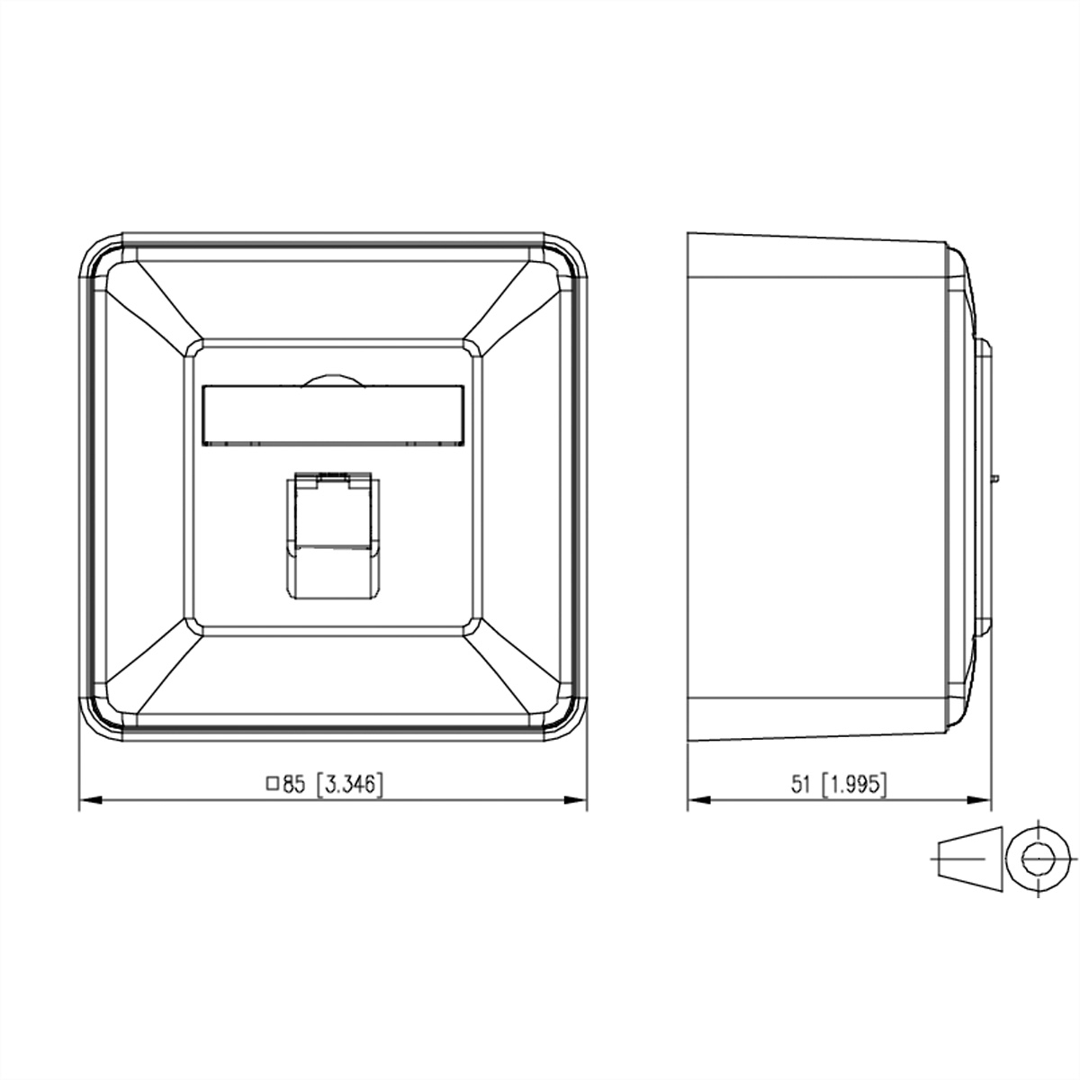 Disegno tecnico di un componente elettrico quadrato, viste frontale e laterale, con dimensioni in mm e pollici.