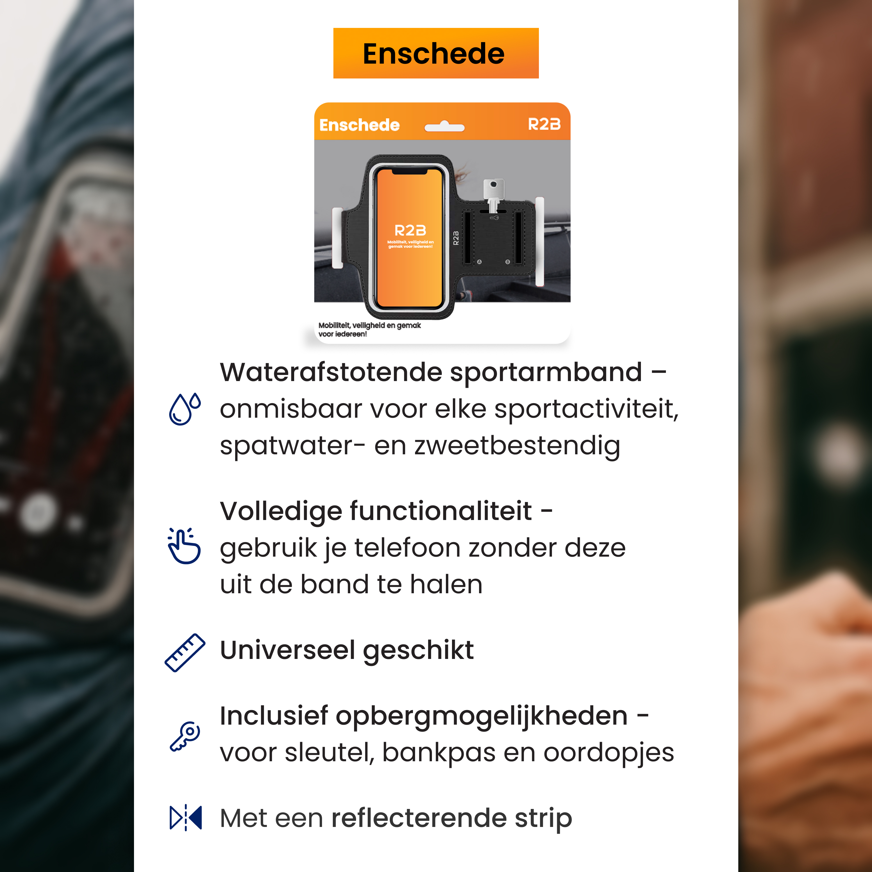 Ein orangefarbenes Banner mit der Aufschrift Enschede, eine Telefonhalterung mit einem Telefon darin und unterstützender Text.