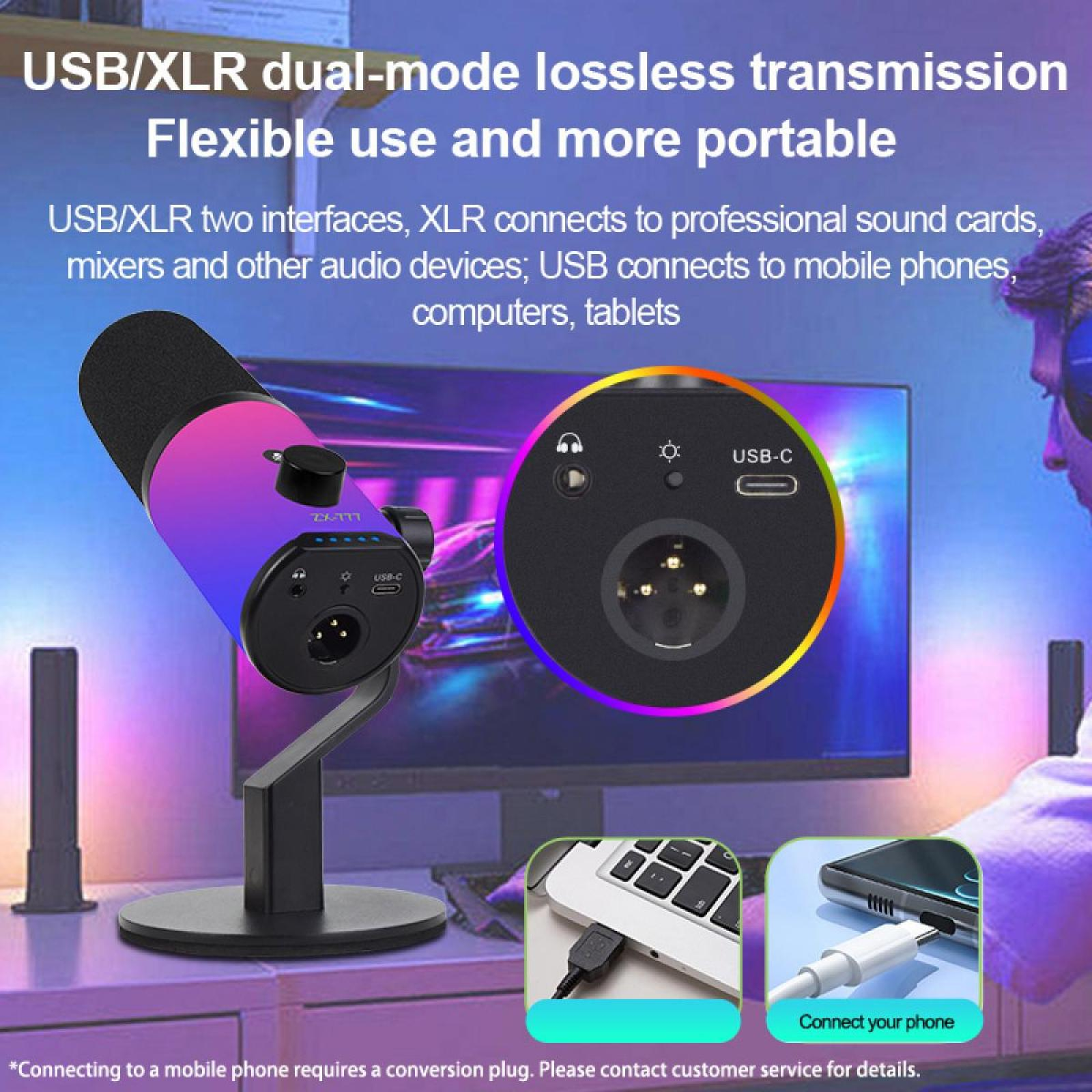 Ein Mikrofon mit USB- und XLR-Anschlüssen. Es wird an einen Computer und ein Telefon angeschlossen.