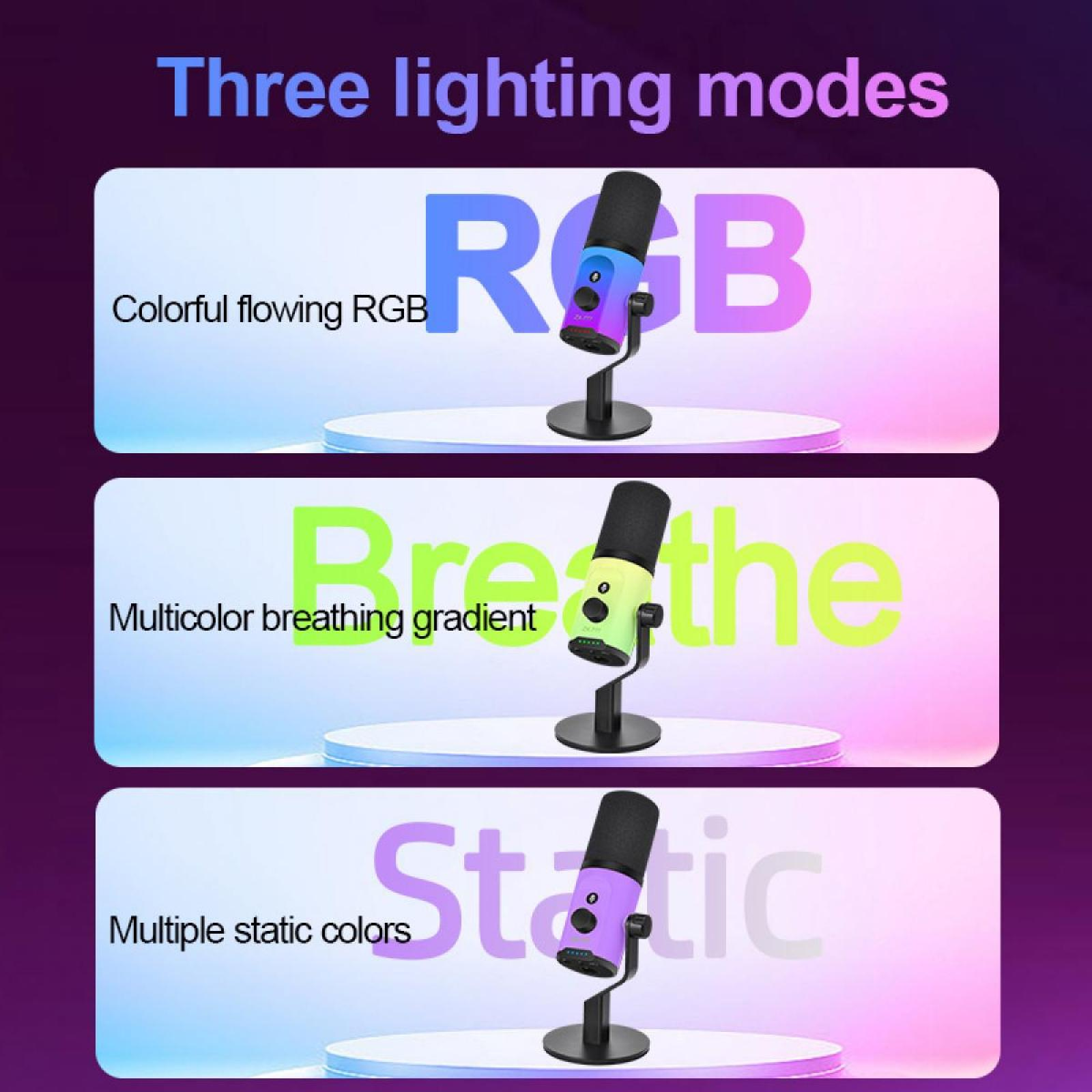 Das Bild zeigt drei Beleuchtungsmodi für ein Mikrofon: fließendes RGB, Atmungsgradient und mehrere statische Farben.