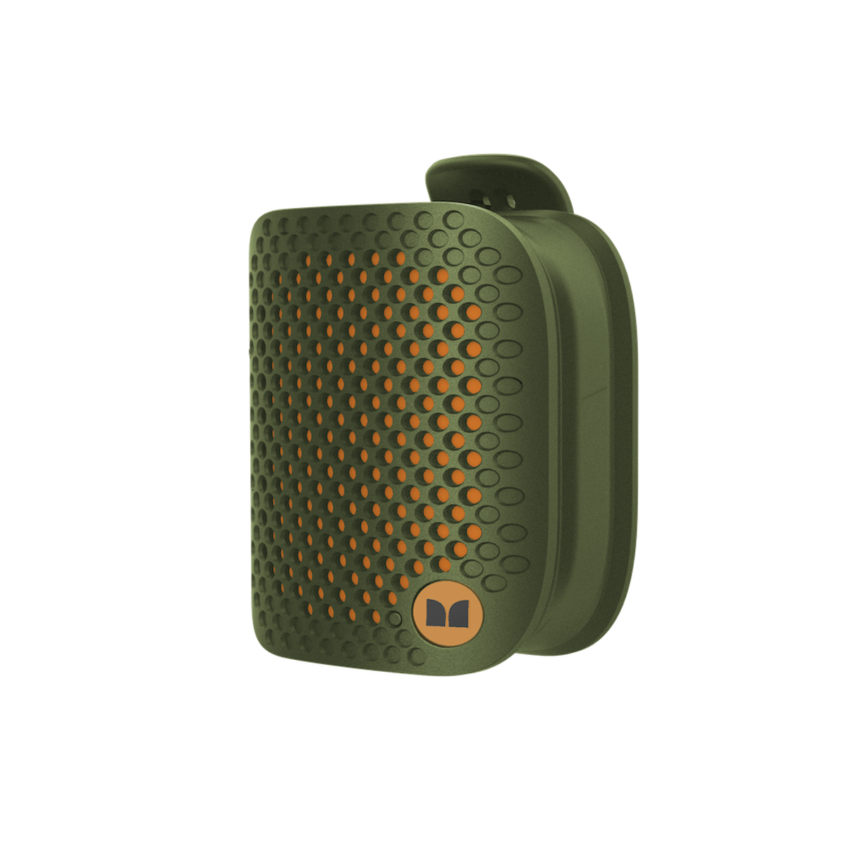 Altavoz verde y naranja con frontal perforado y asa. El fondo es negro.