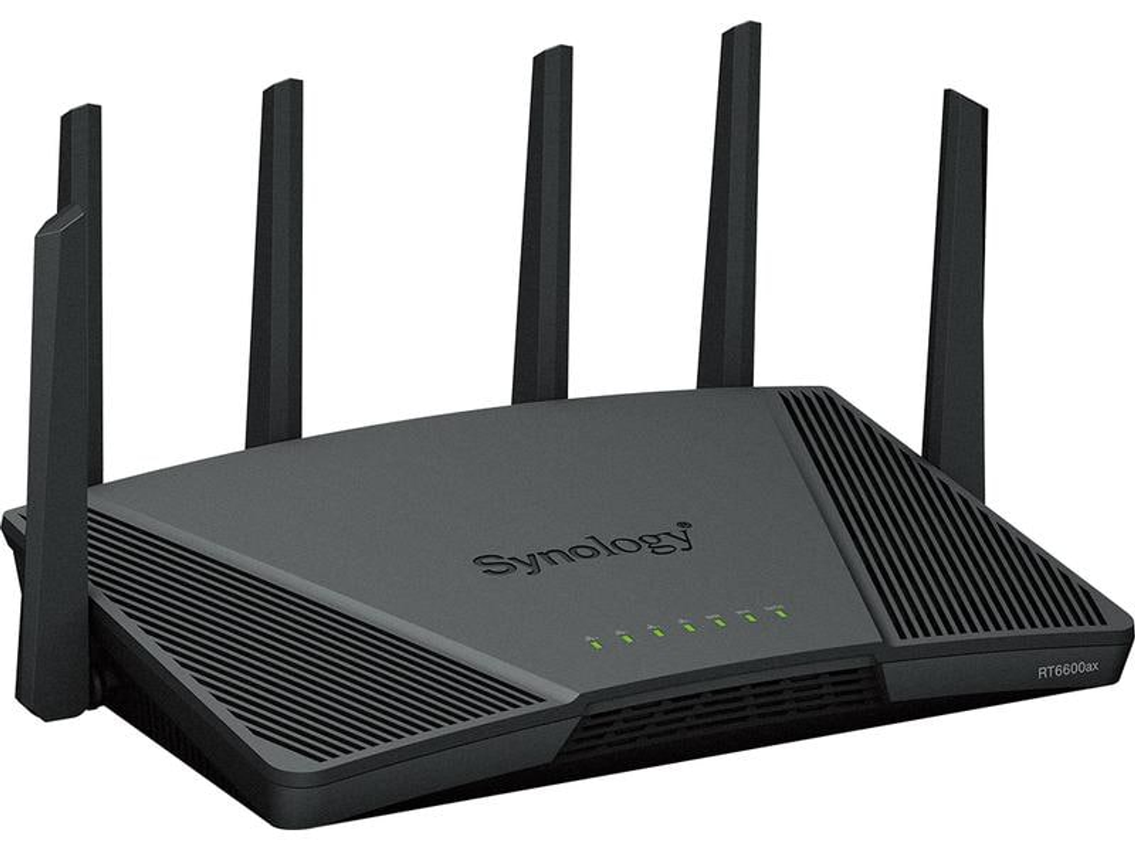 Ciemnoszary router Synology RT6600ax z sześcioma czarnymi antenami. Ma szczeliny wentylacyjne i zielone kontrolki.