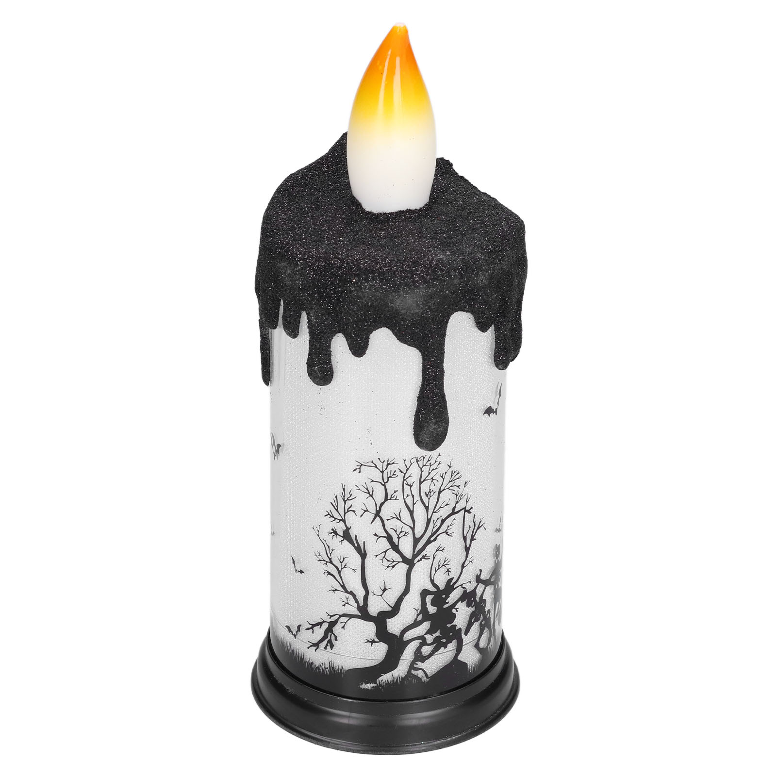 Eine Halloween-Kerze mit schwarzem Glitzerwachs, einer Baumszene und einer orangefarbenen Flamme.