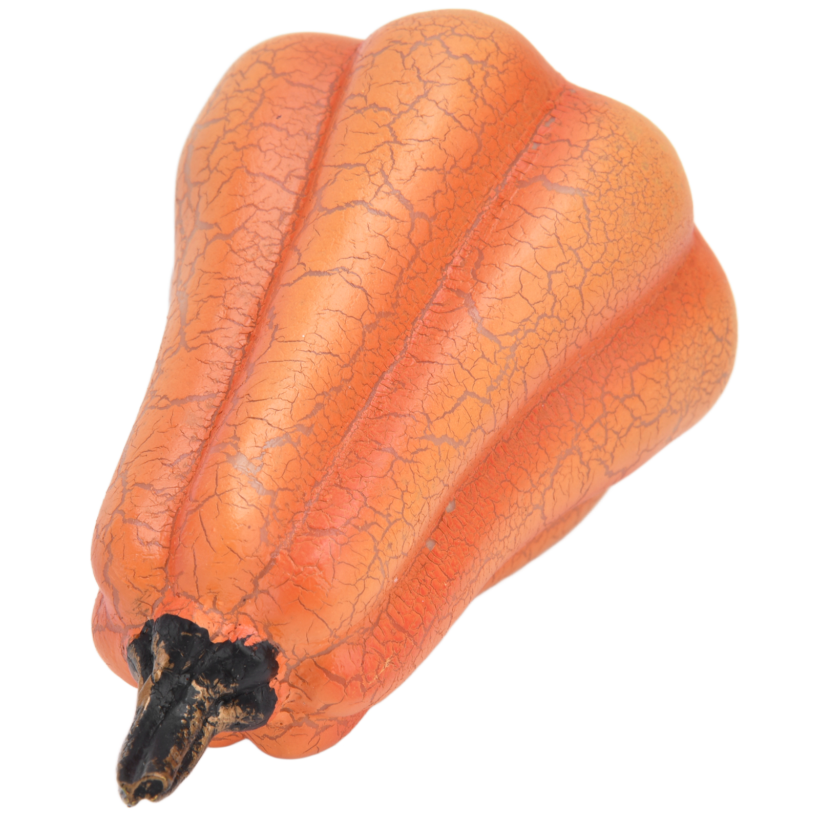 Ein orangefarbener Kürbis mit dunklem Stiel. Der Kürbis hat eine strukturierte Oberfläche und steht vor weißem Hintergrund.
