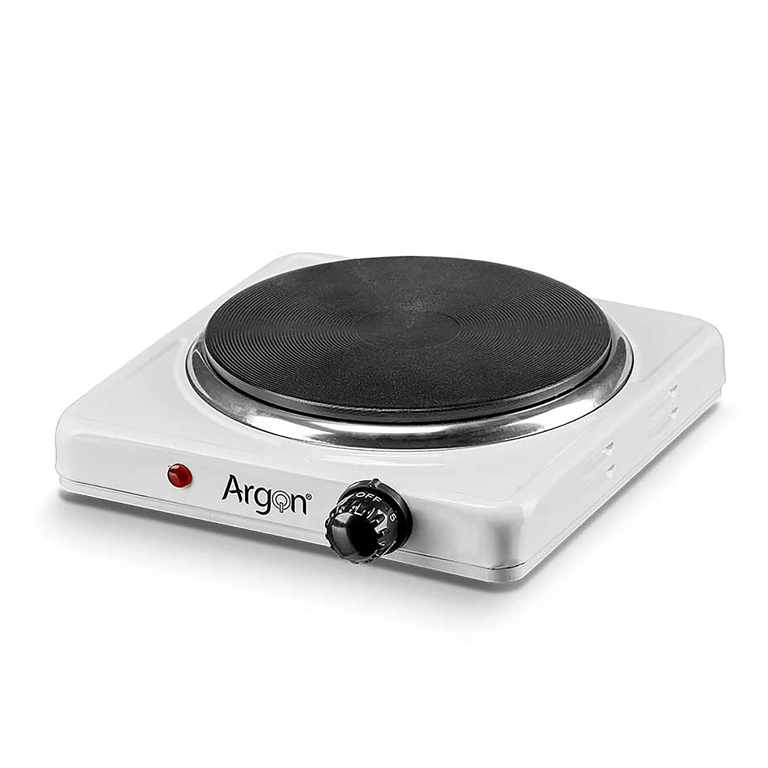 Ein weißer elektrischer Argon-Herd. Er hat ein schwarzes Heizelement und einen schwarzen Knopf. Ein rotes Licht leuchtet.
