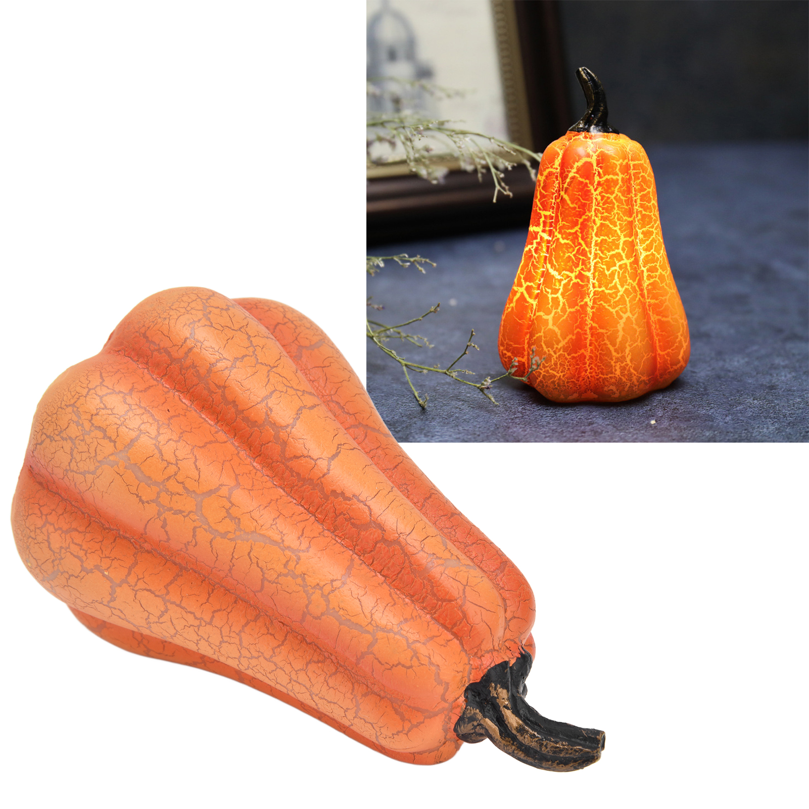 Zwei orangefarbene Kürbisse. Einer liegt auf der Seite, rissig. Der andere ist beleuchtet, mit einem schwarzen Stiel, auf dunkler Oberfläche.