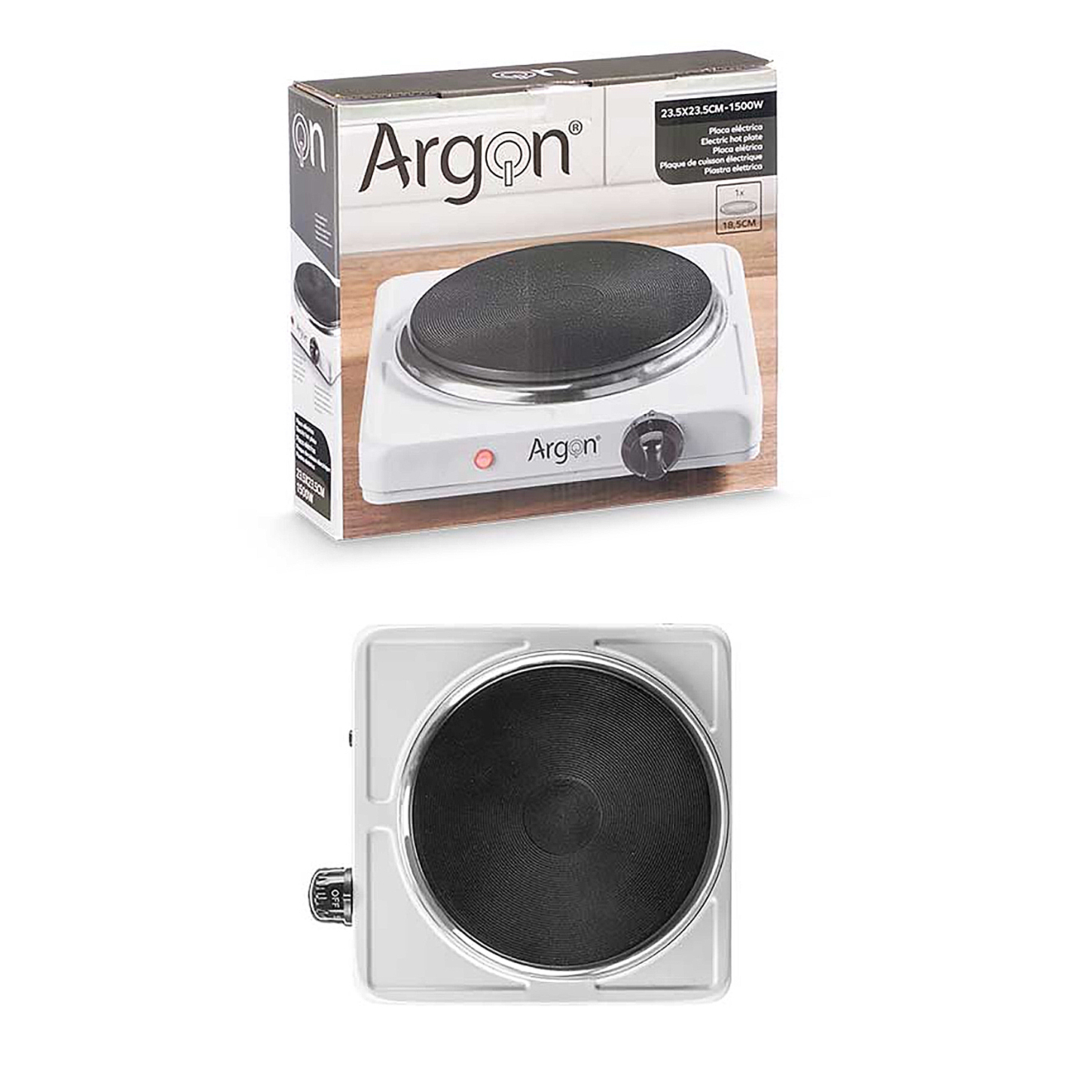 Eine elektrische Kochplatte von Argon in ihrem Karton. Die Platte ist weiß mit einem schwarzen Heizelement. Sie zeigt auch eine Nahaufnahme der Kochplatte.