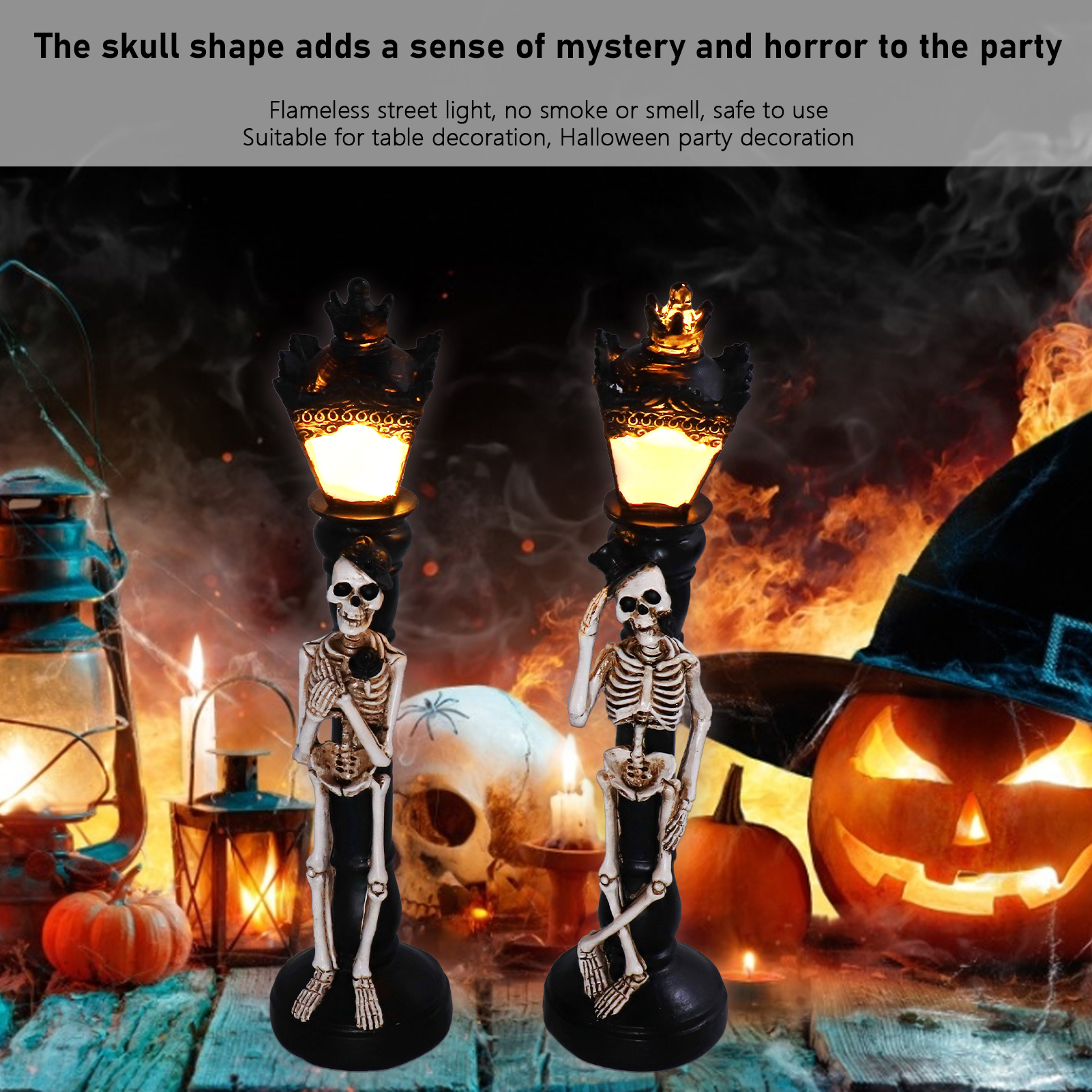 Zwei Skelettlampen mit leuchtenden Lichtern, ein Kürbis und ein Schädel schmücken Halloween.