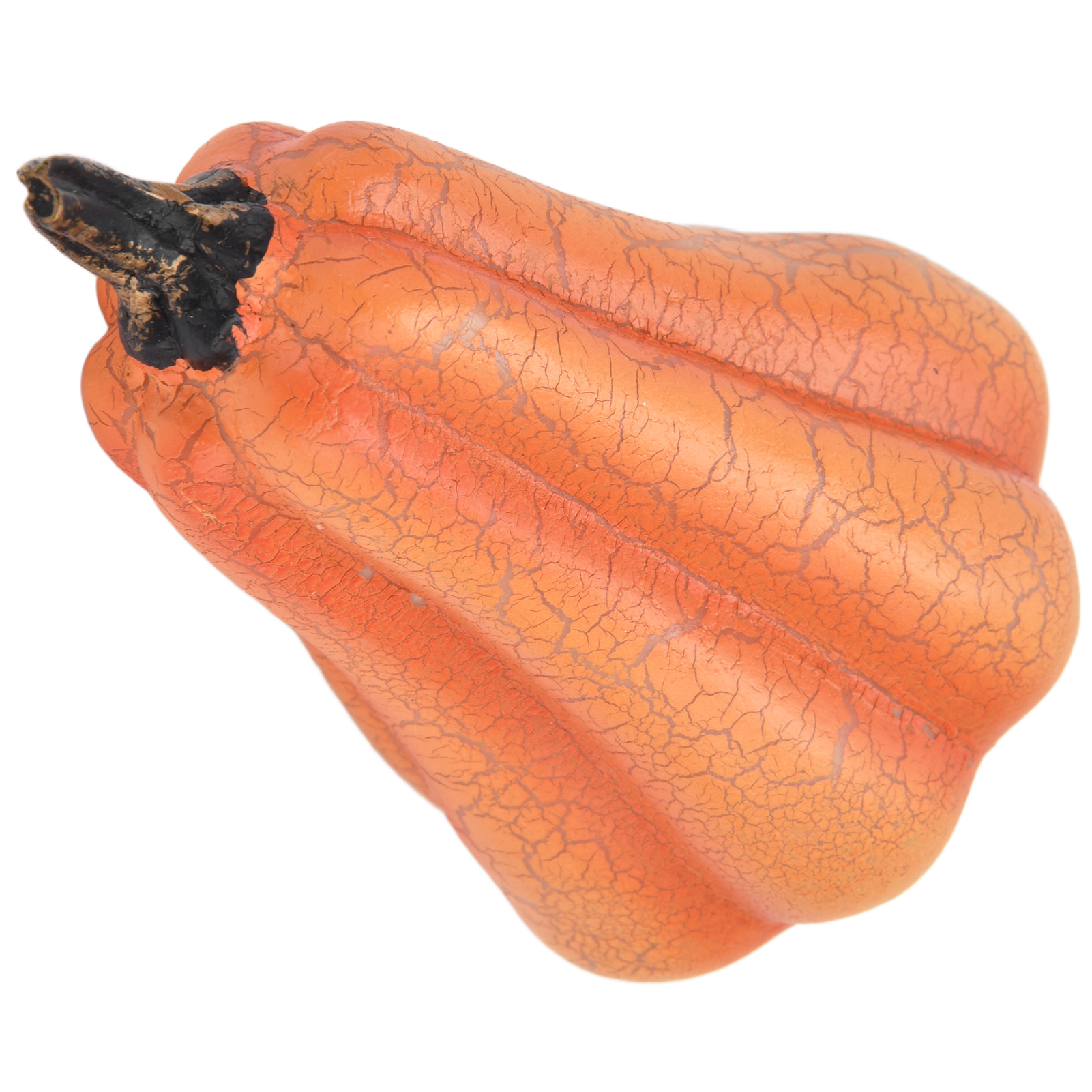 Ein orangefarbener, strukturierter Kürbis mit einem schwarzen Stiel. Der Kürbis hat eine rissige Oberfläche auf weißem Hintergrund.