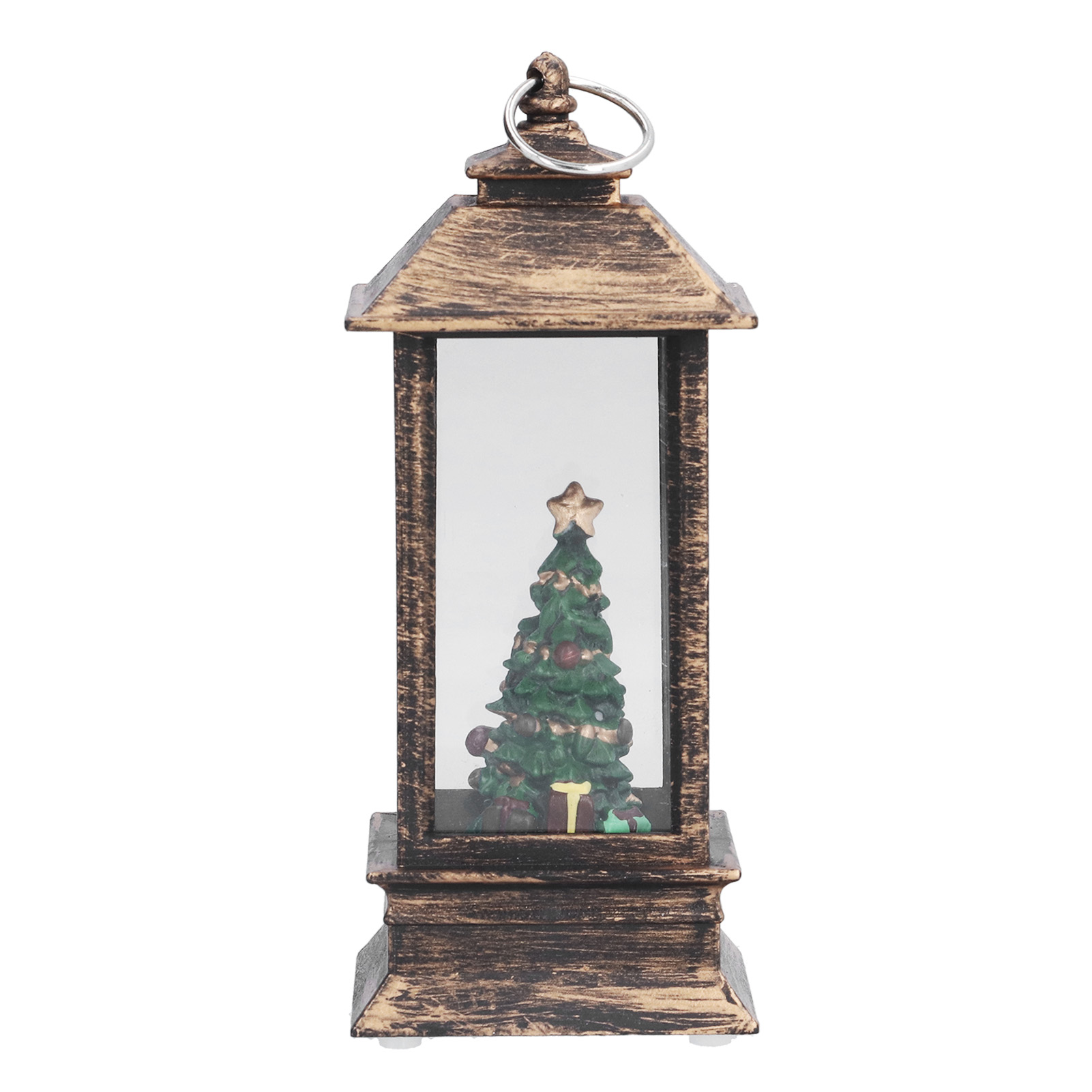 Eine bronzefarbene Laterne mit einem Weihnachtsbaum im Inneren. Der Baum hat einen Stern oben und ein Geschenk an seiner Basis.