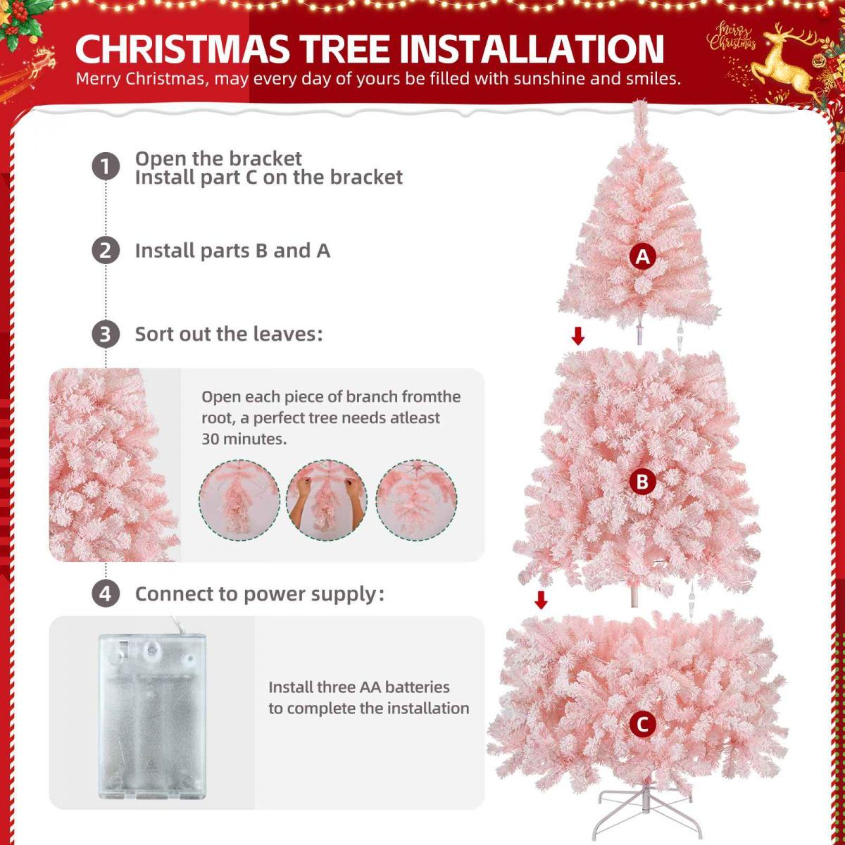 Diagramm zum Aufbau eines rosa Weihnachtsbaums. Enthält Anweisungen zum Zusammenbau der Teile A, B und C mit Batterieeinbau.