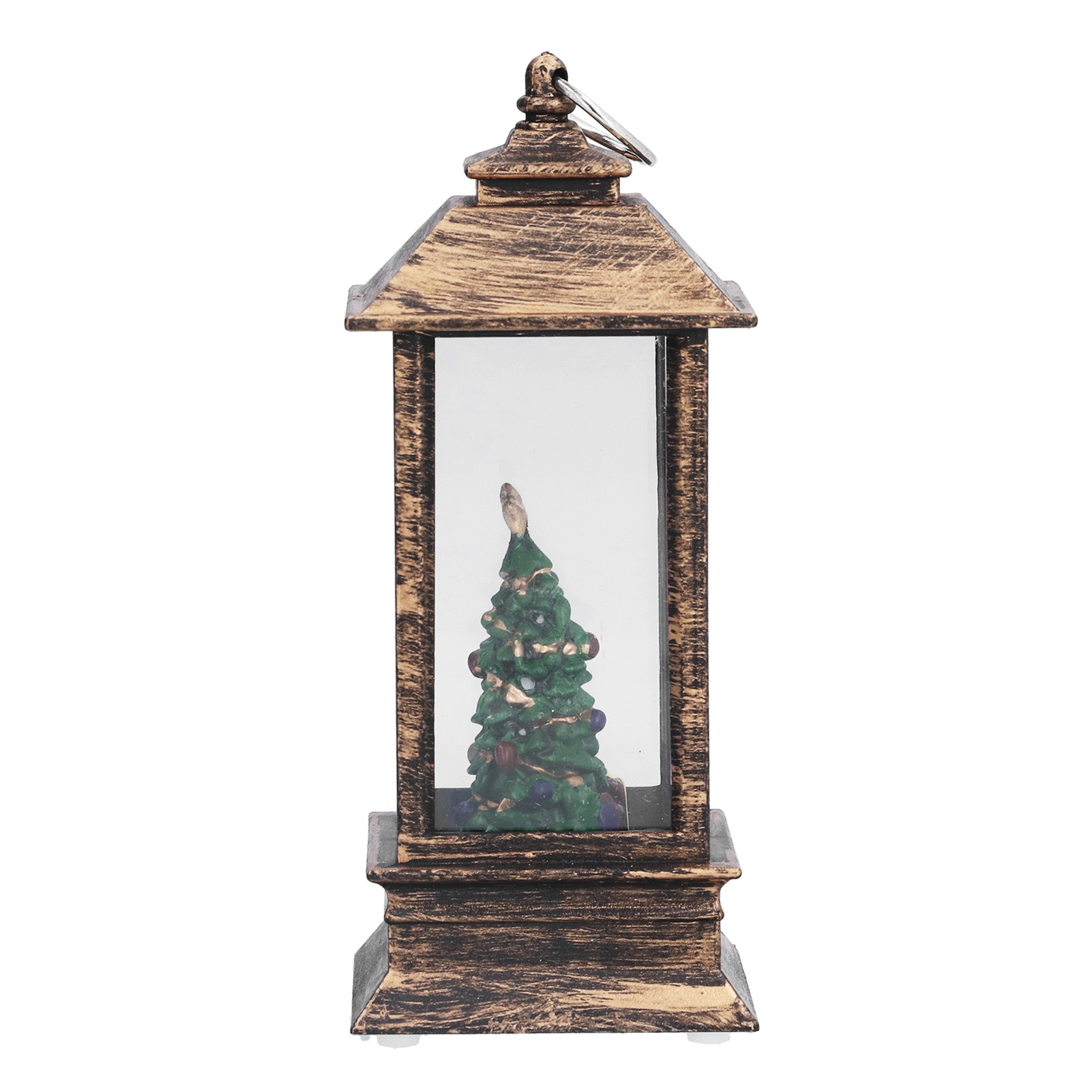Eine dekorative bronzefarbene Laterne mit einem Weihnachtsbaum im Inneren. Laterne auf weißem Hintergrund.