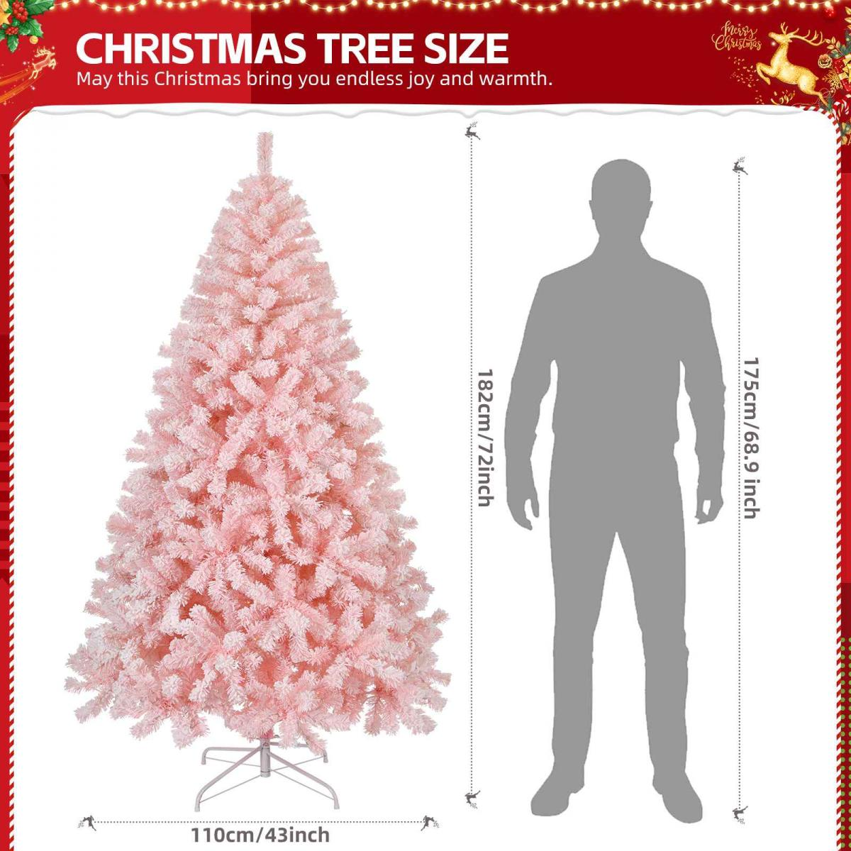 Ein rosa Weihnachtsbaum mit den Maßen: 182 cm Höhe und 110 cm Breite. Eine menschliche Silhouette dient als Maßstab.