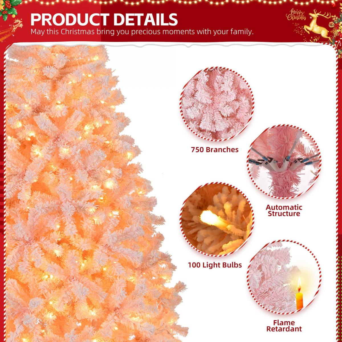 Ein rosa Weihnachtsbaum mit 750 Zweigen und 100 Glühbirnen. Details zeigen automatische Struktur und flammhemmende Eigenschaften.