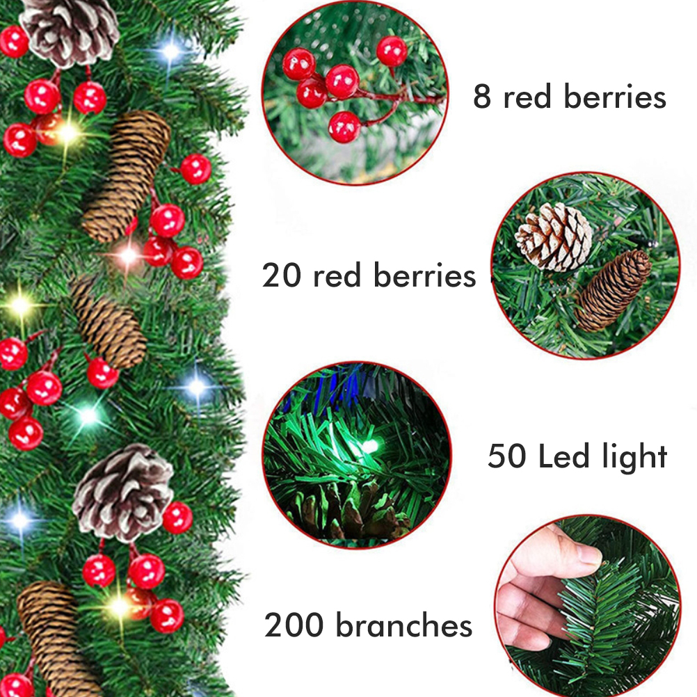 Grüne Girlande mit roten Beeren, Tannenzapfen und LED-Lichtern. Details: 8, 20 rote Beeren, 50 Lichter und 200 Zweige.