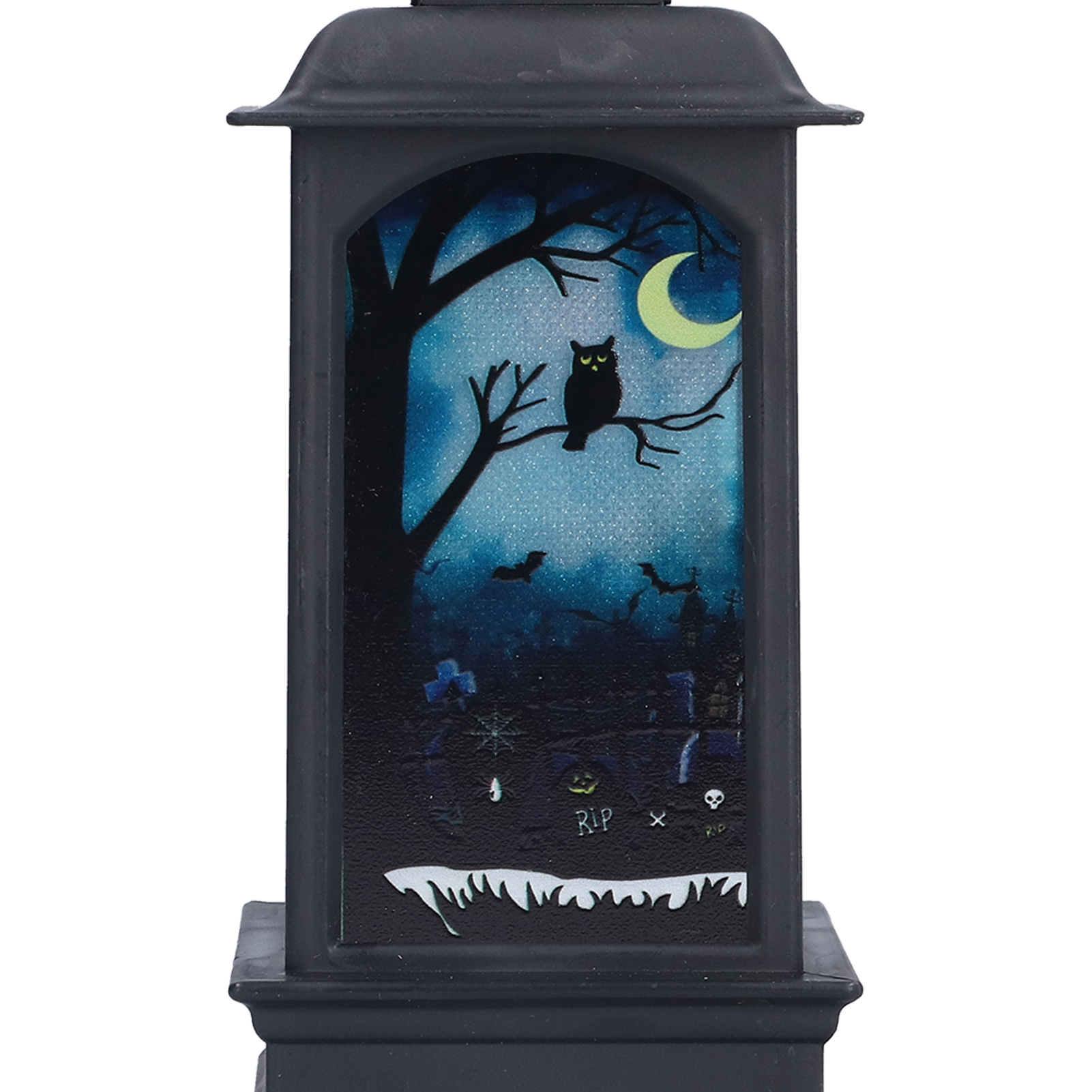 Schwarze Halloween-Laterne. Mit Eule auf Ast, Mond, Fledermäusen und Friedhofszene.