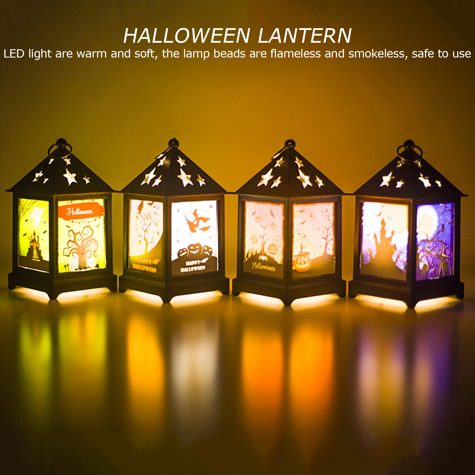 Vier Halloween-Laternen mit verschiedenen Bildern im Inneren, beleuchtet mit warmem Licht. Schwarze Rahmen, sternförmige Ausschnitte oben.