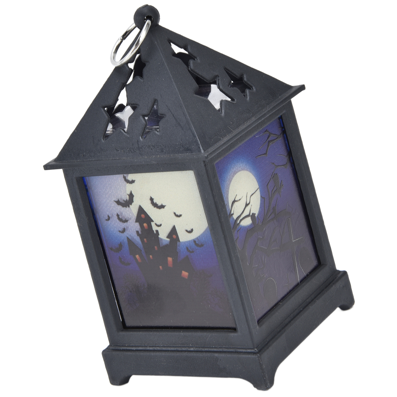 Schwarze Halloween-Laterne mit Geisterhaus- und Fledermaus-Design. Verfügt über Sterne Ausschnitte auf dem Dach. Oben befindet sich ein Metallring.