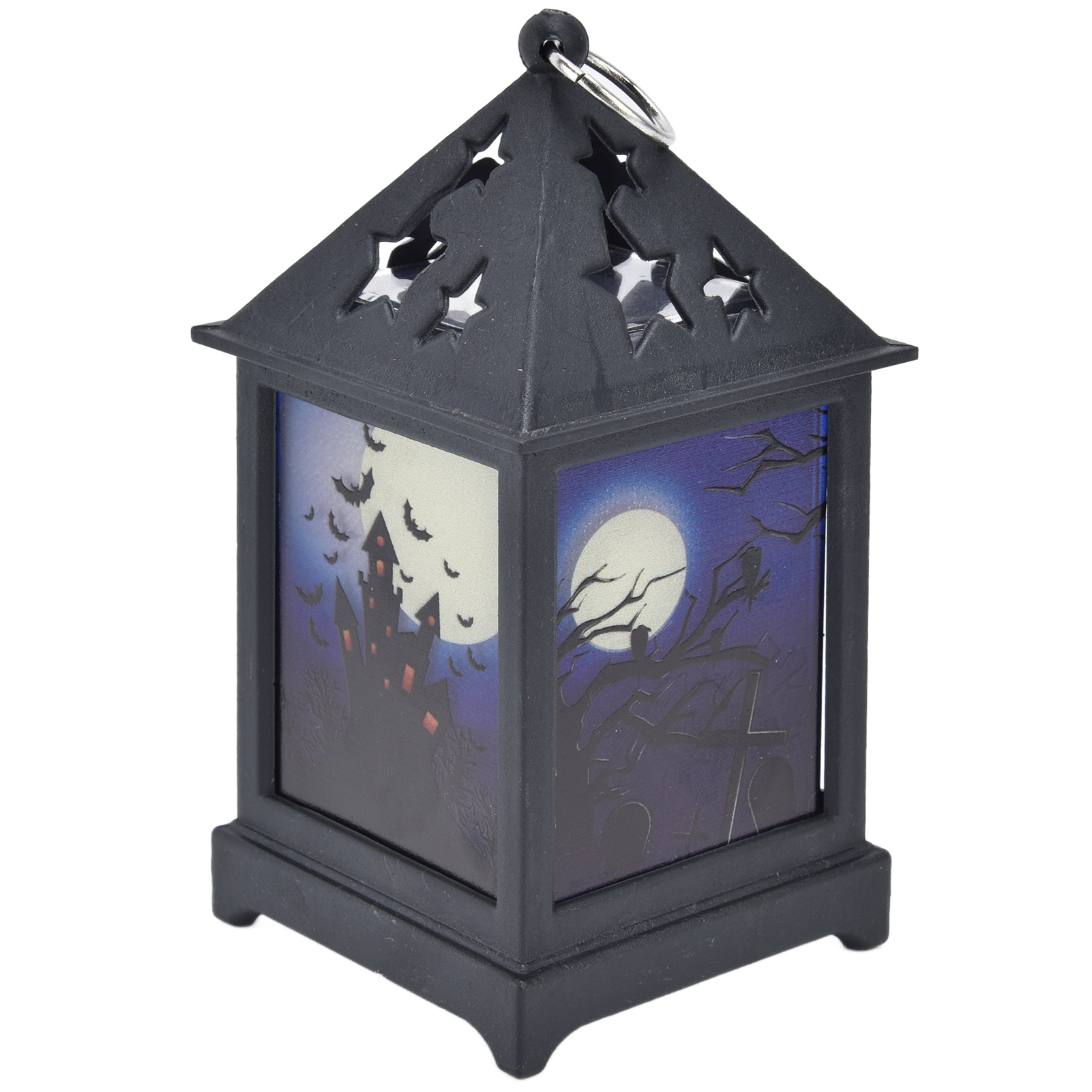 Schwarze Halloween-Laterne mit einer Szene mit Spukhaus und Mond. Sterne in die Oberseite geschnitten.
