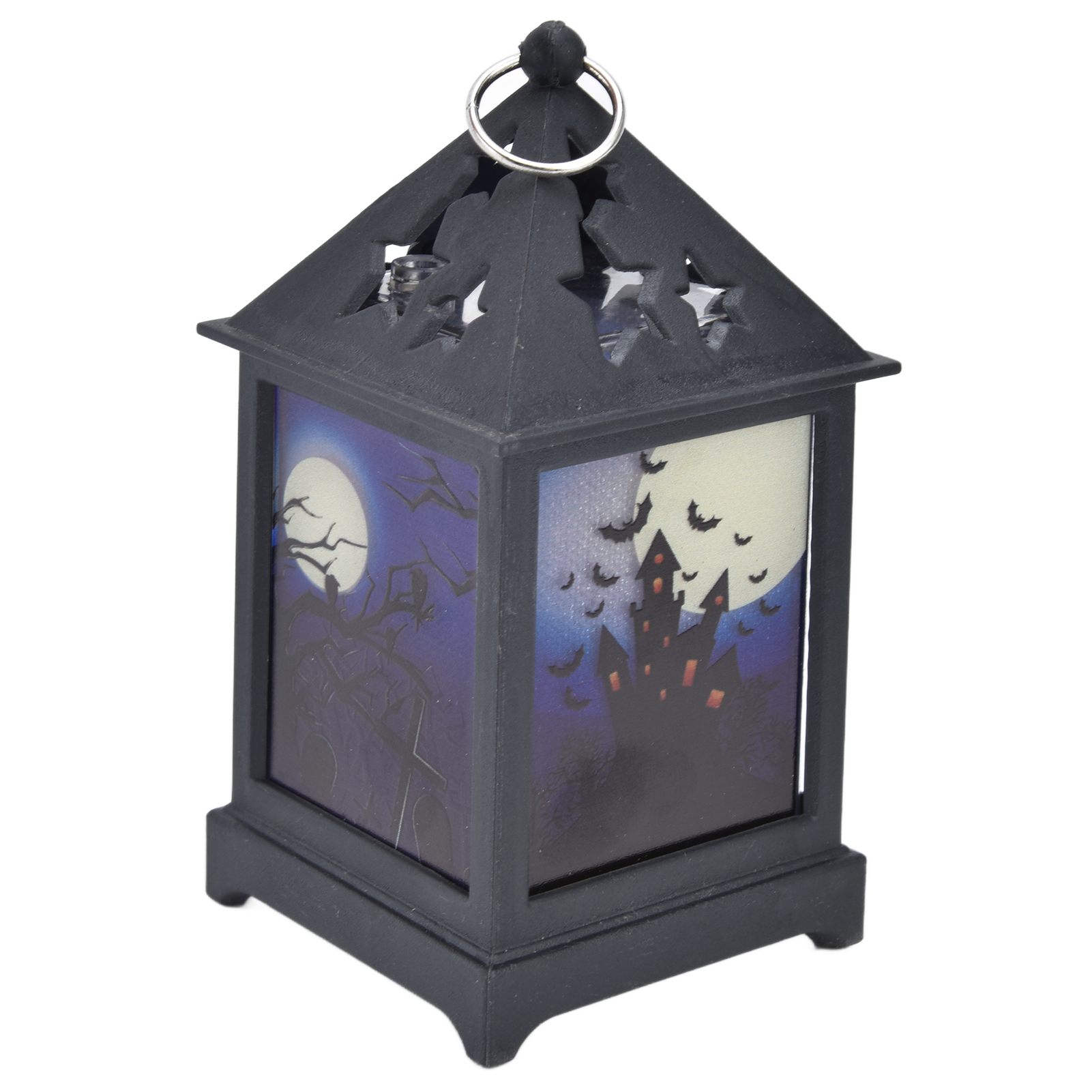 Schwarze Halloween-Laterne mit einer Geisterhaus-Szene, Vollmond und Fledermäusen. Die Laterne hat einen Griff oben.