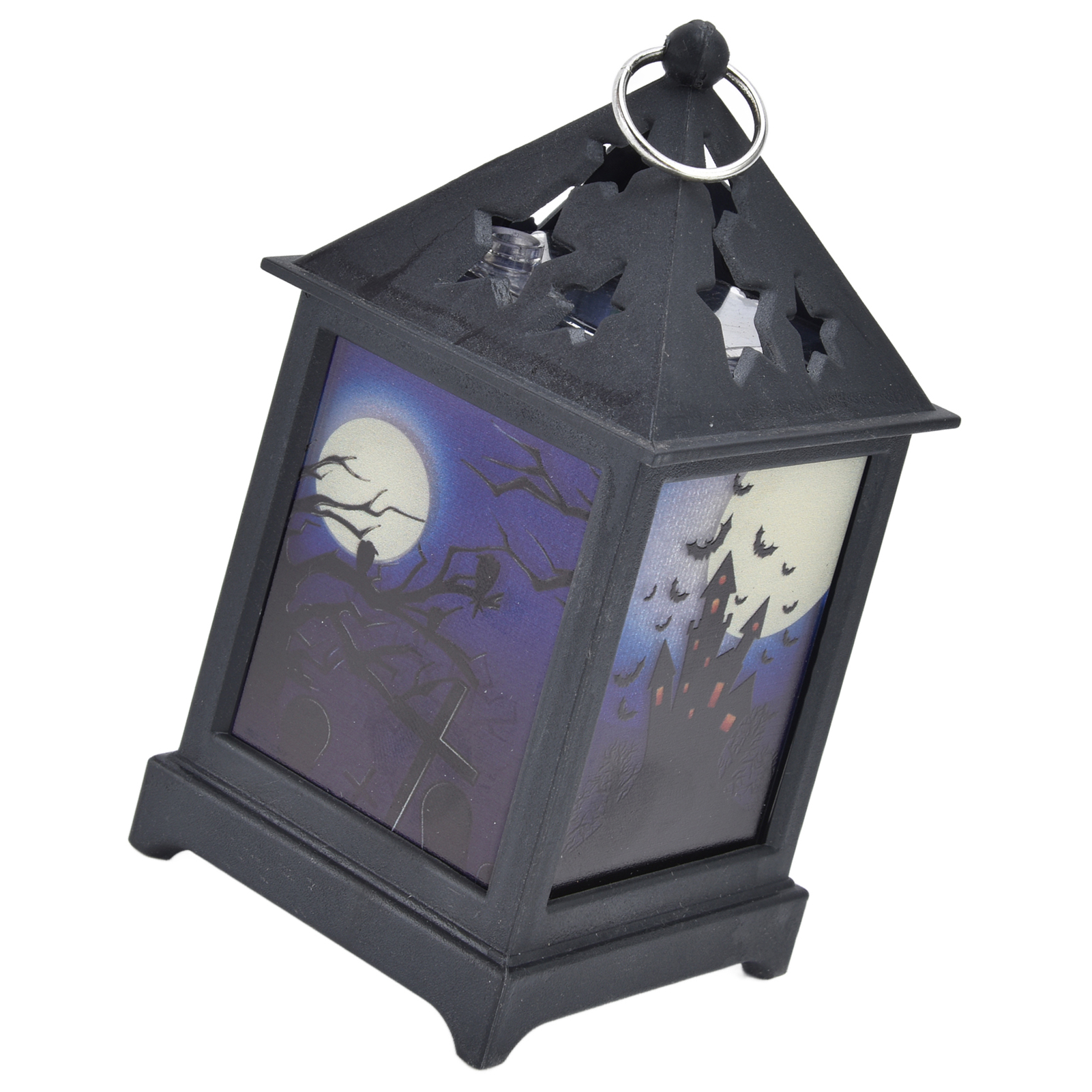 Schwarze Halloween-Laterne mit Mond, Fledermäusen und Geisterhaus-Szene.