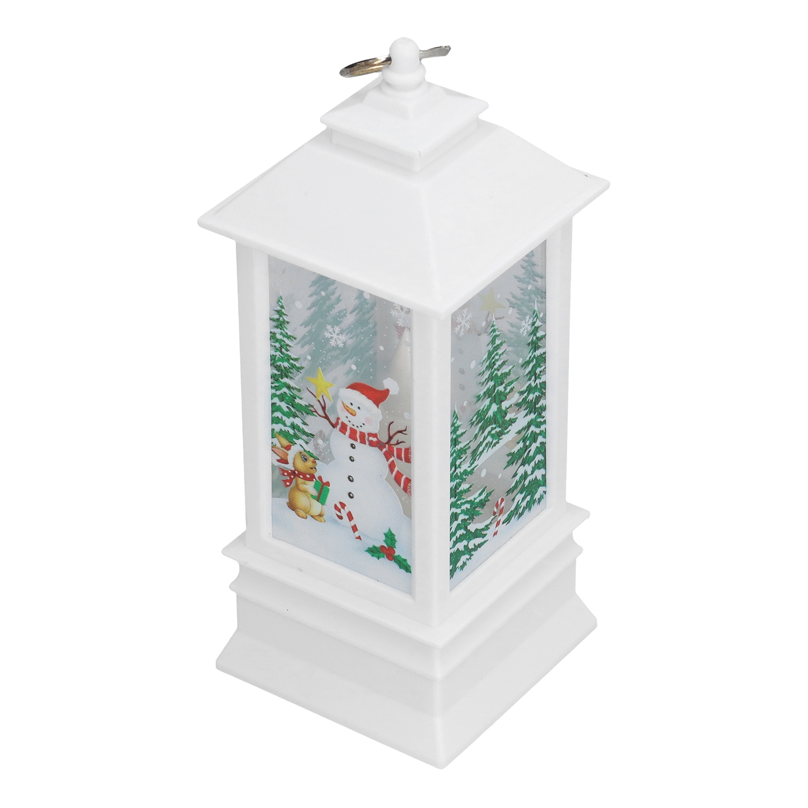 Eine weiße Weihnachtslaterne mit einem Schneemann, einem Rentier und grünen Bäumen im Inneren. Auch Schneeflocken sind vorhanden.