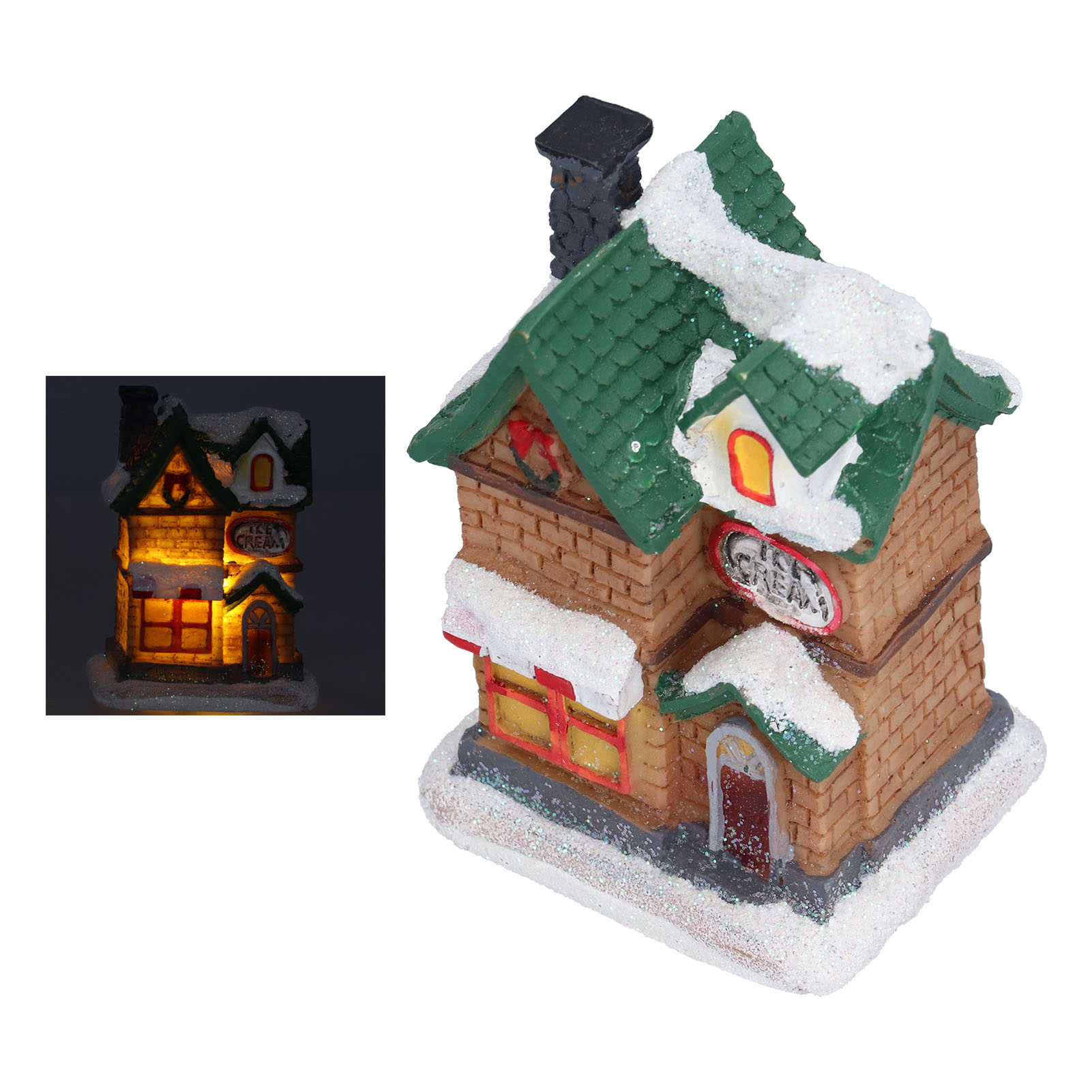 Ein miniaturisiertes, beleuchtetes Weihnachtshaus mit grünem Dach, Schnee und einem Eis-Schild. Eine kleinere, beleuchtete Version ist links.