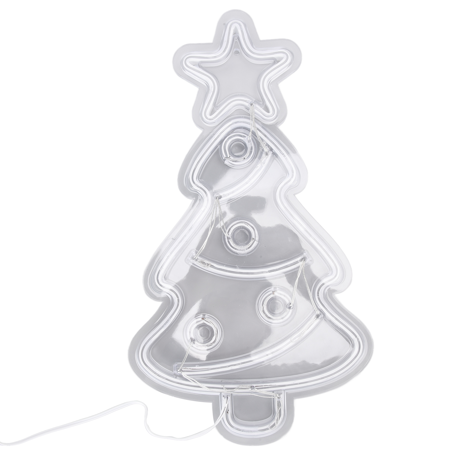 Eine weihnachtsbaumförmige Neonleuchte. Sie hat einen Stern oben und drei Kreise. Es ist weiß.