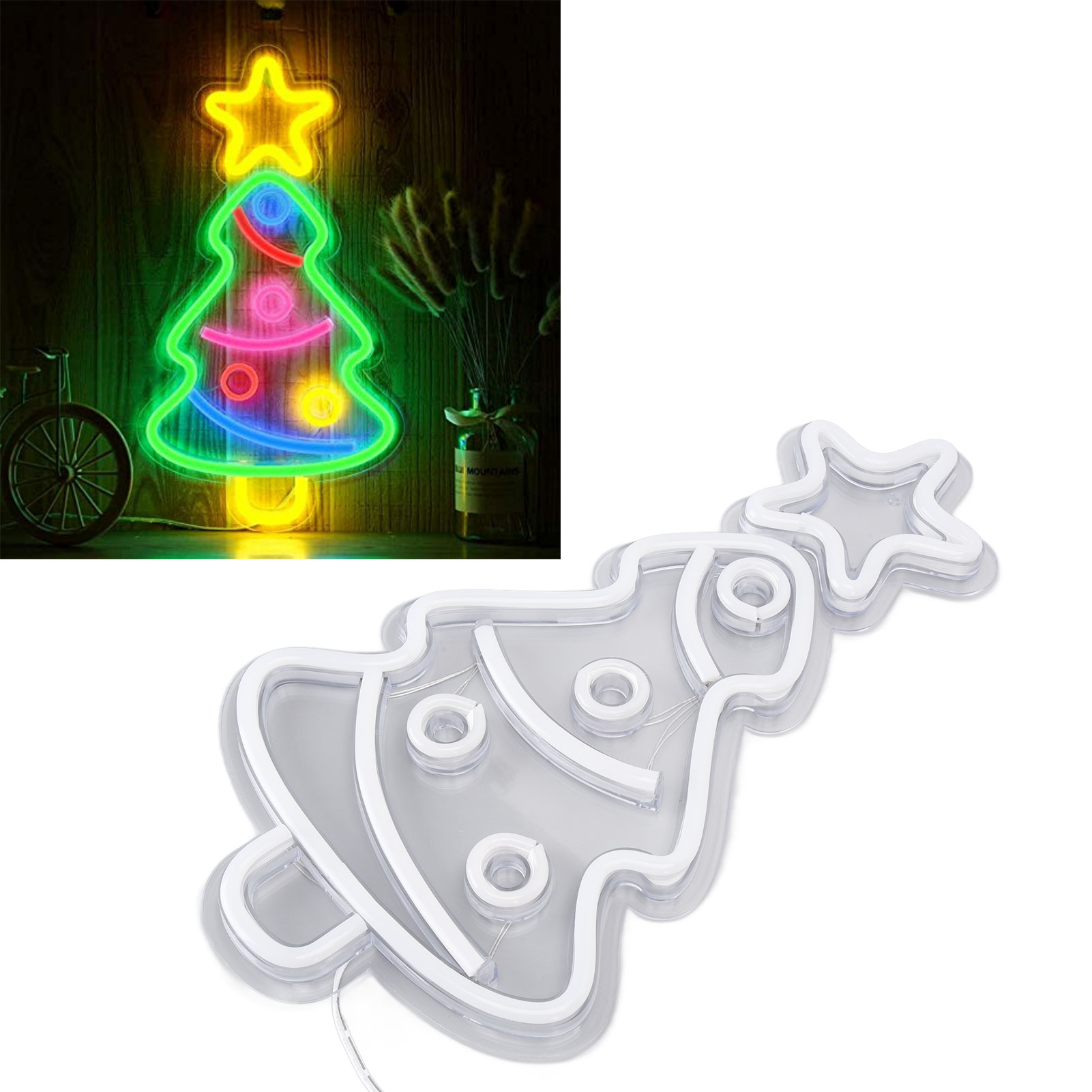 Neon-Weihnachtsbaum, grüne Umrisse, rosa und blaue Lichter, gelber Stern oben. Eine weiße Version wird ebenfalls gezeigt.