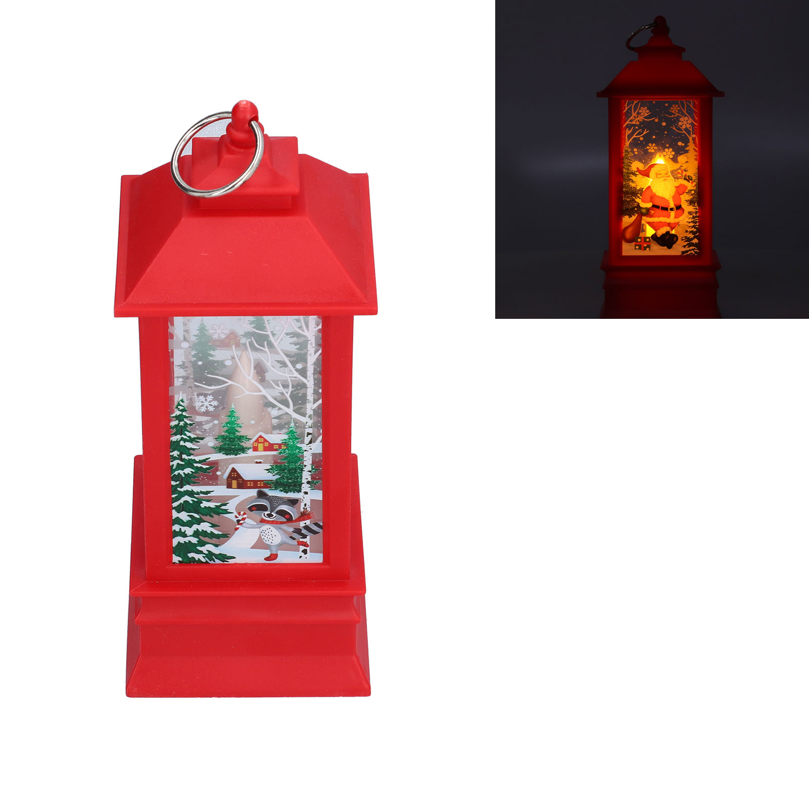 Eine rote Weihnachtslaterne mit einer Winterszene, einem Waschbären und dem Weihnachtsmann. Daneben ein kleines, beleuchtetes Bild.