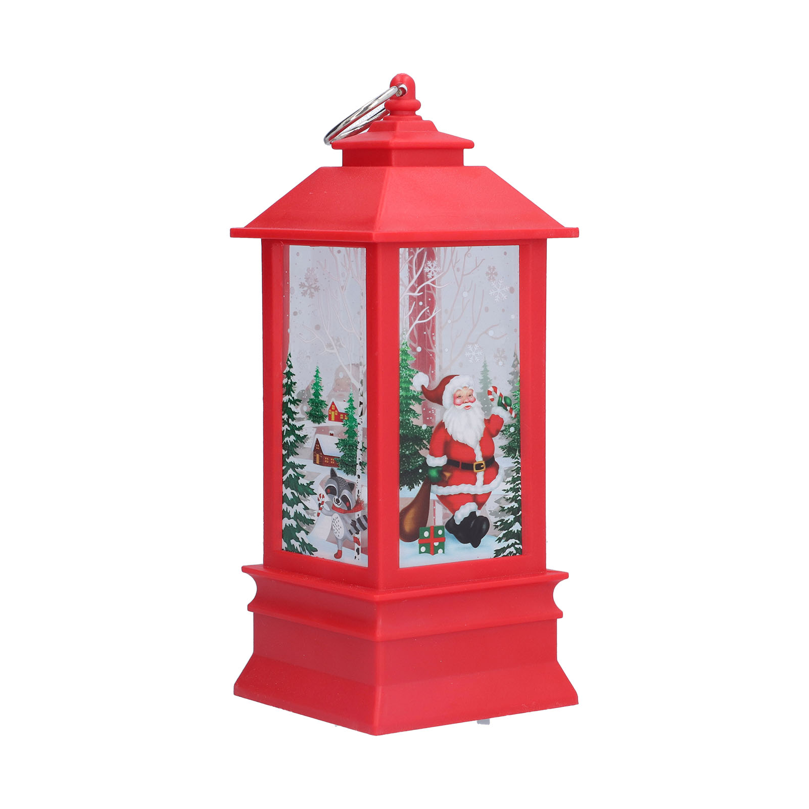 Rote Weihnachtslaterne mit Illustrationen von Weihnachtsmann und Waschbär, verschneiter Hintergrund.