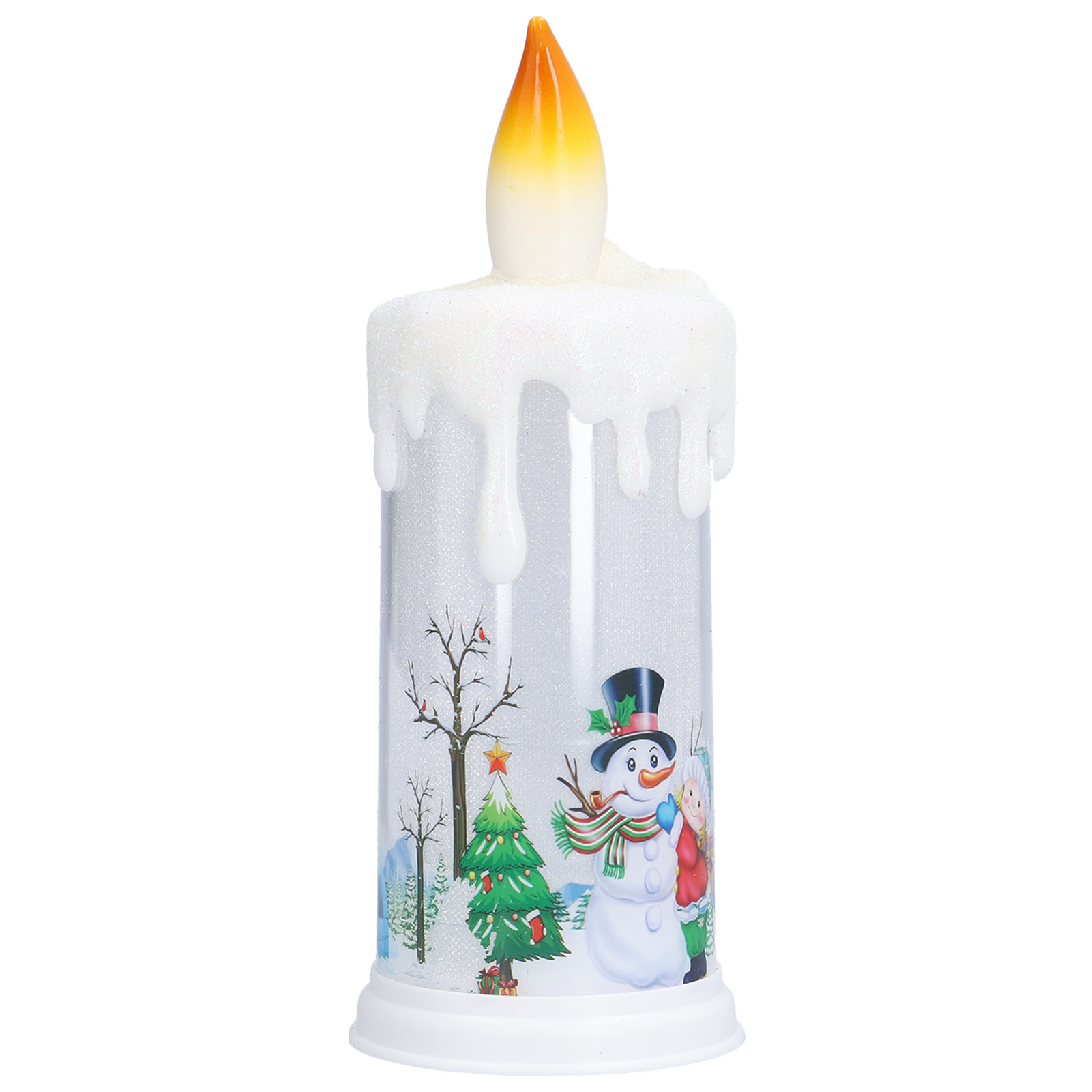 Eine Weihnachtskerze mit einem Schneemann und einem Weihnachtsbaum, mit einem Wachsschmelzeffekt. Die Flamme ist orange.