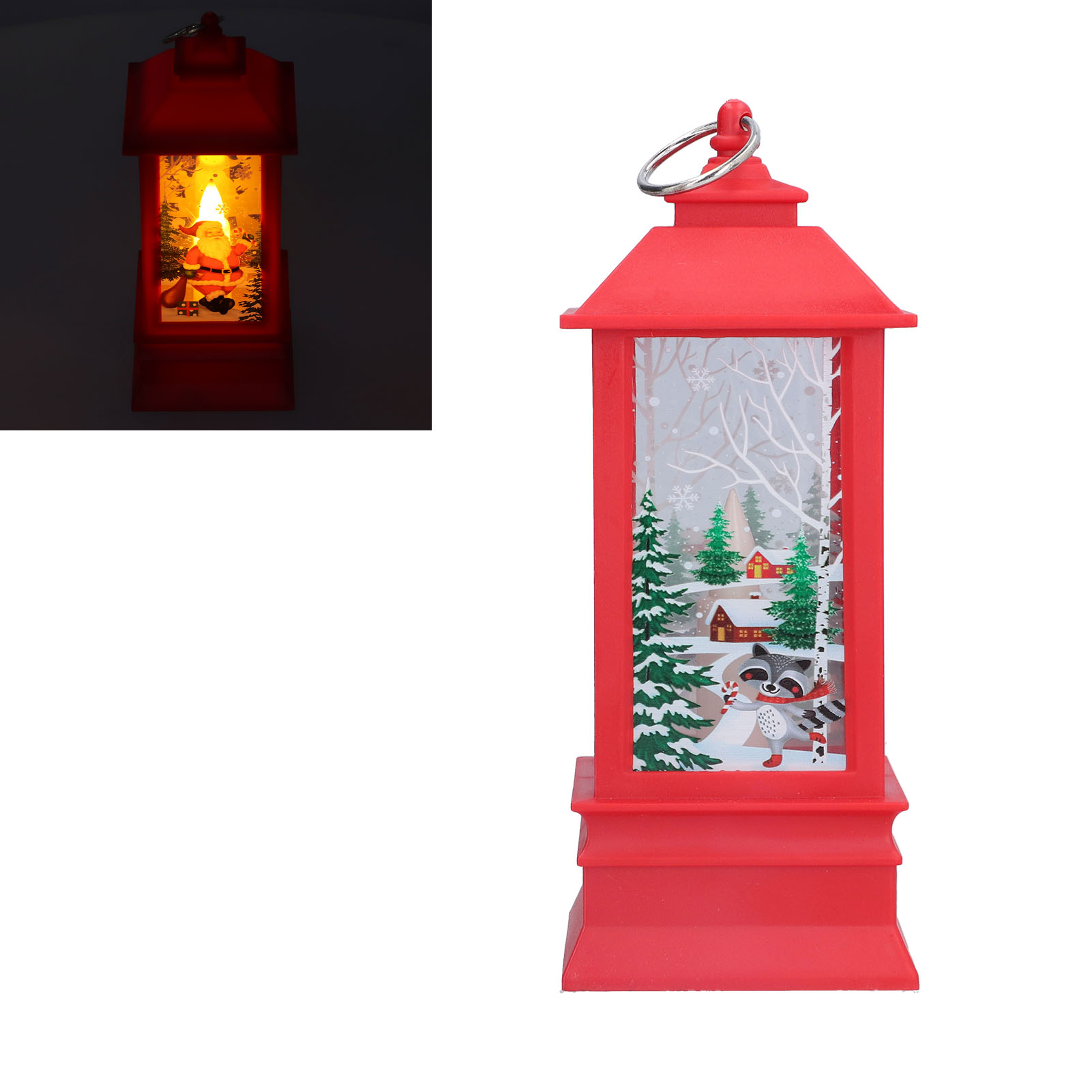Rote Weihnachtslaterne mit Winterszene. Im Inneren sind der Weihnachtsmann und ein Waschbär abgebildet. Die Laterne hat einen silbernen Ring.