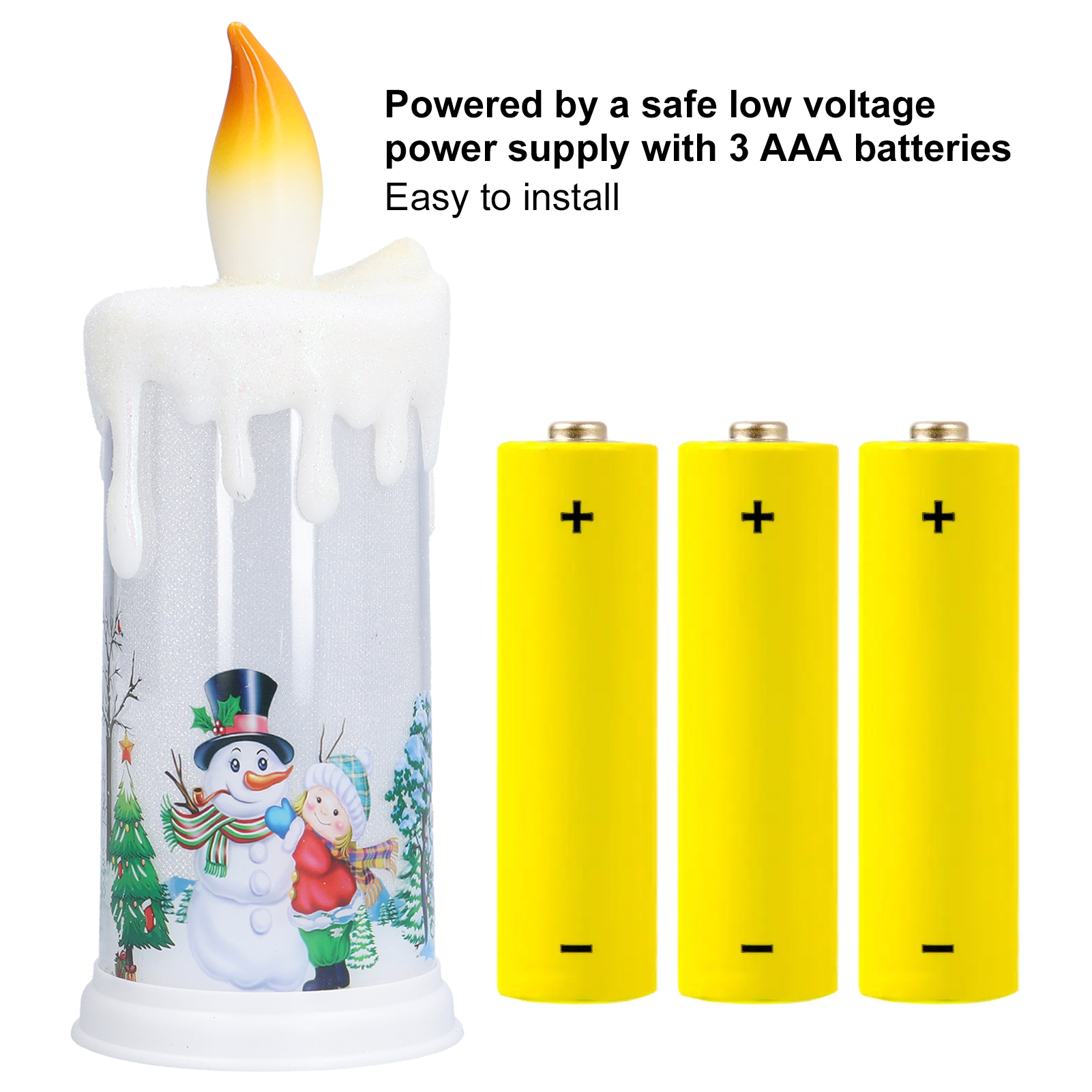 Eine dekorative Kerze mit Schneemannszene und drei gelben AAA-Batterien.
