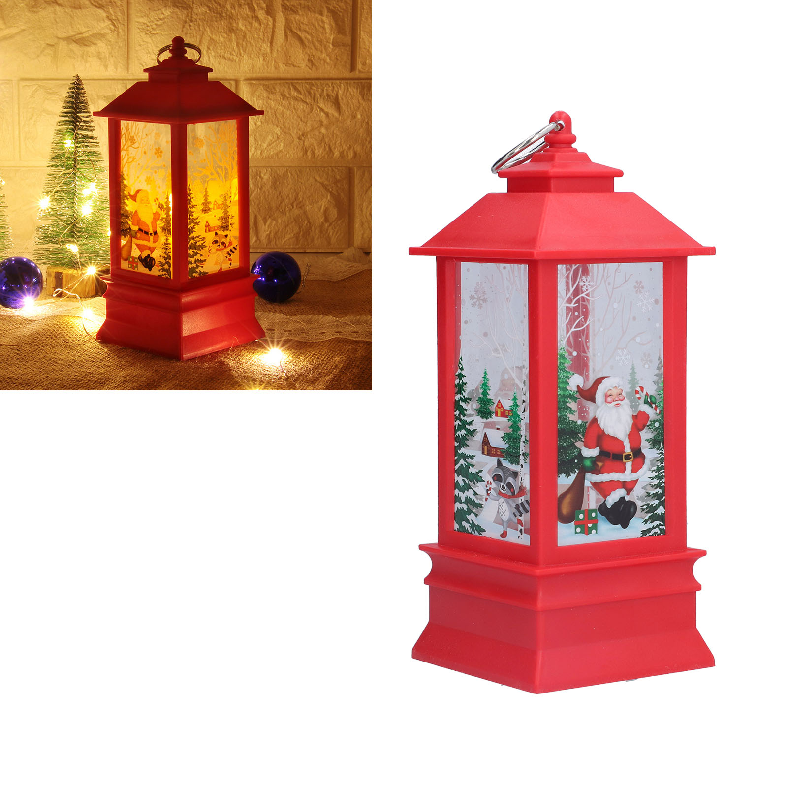 Rote Weihnachtslaterne mit Weihnachtsmann, Waschbär und Winterszene. Zusätzliche Dekorationen mit Lichtern und kleinen Bäumen.