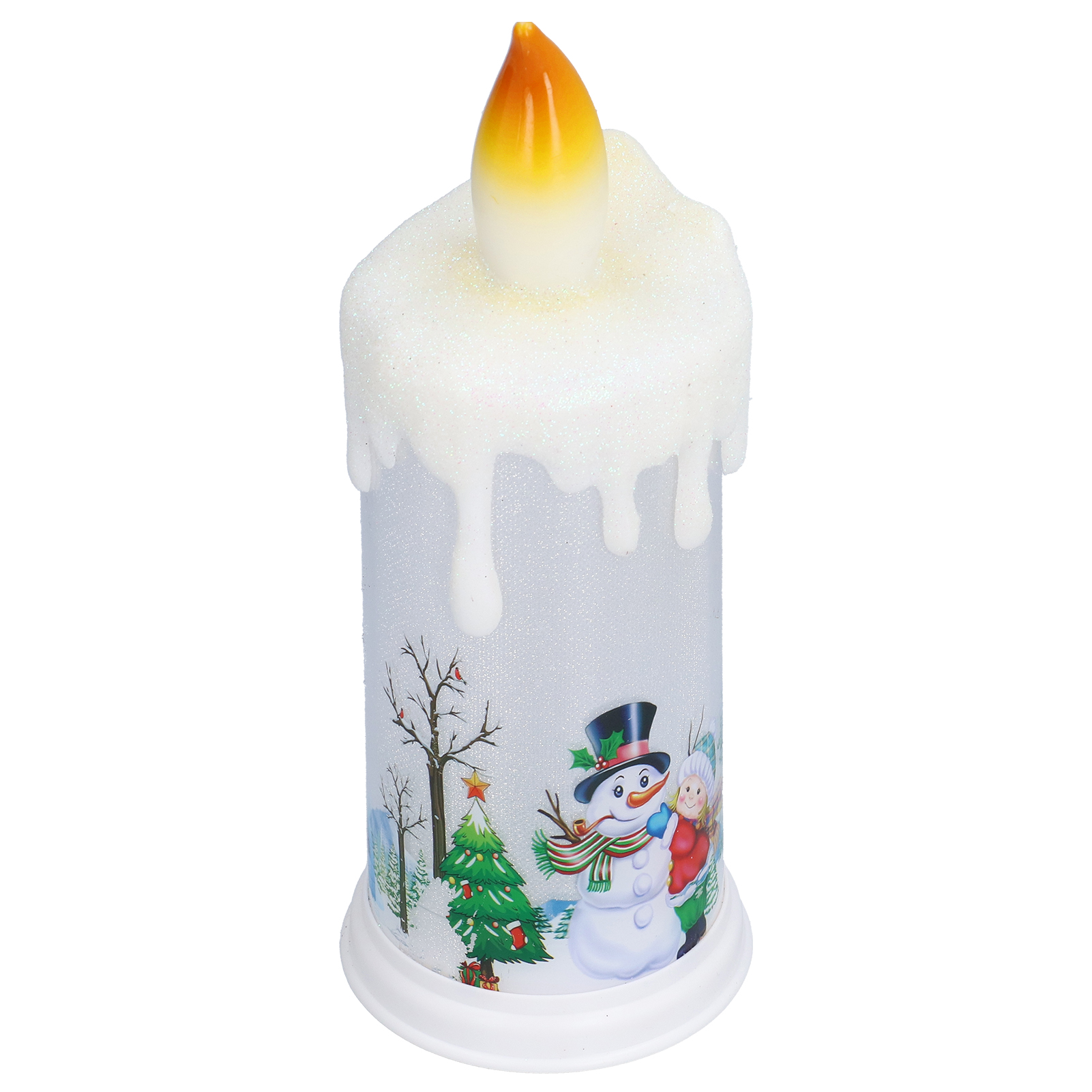 Eine Weihnachtskerze mit einem Schneemann- und Weihnachtsbaumdesign, mit einem schmelzenden Wachseffekt.