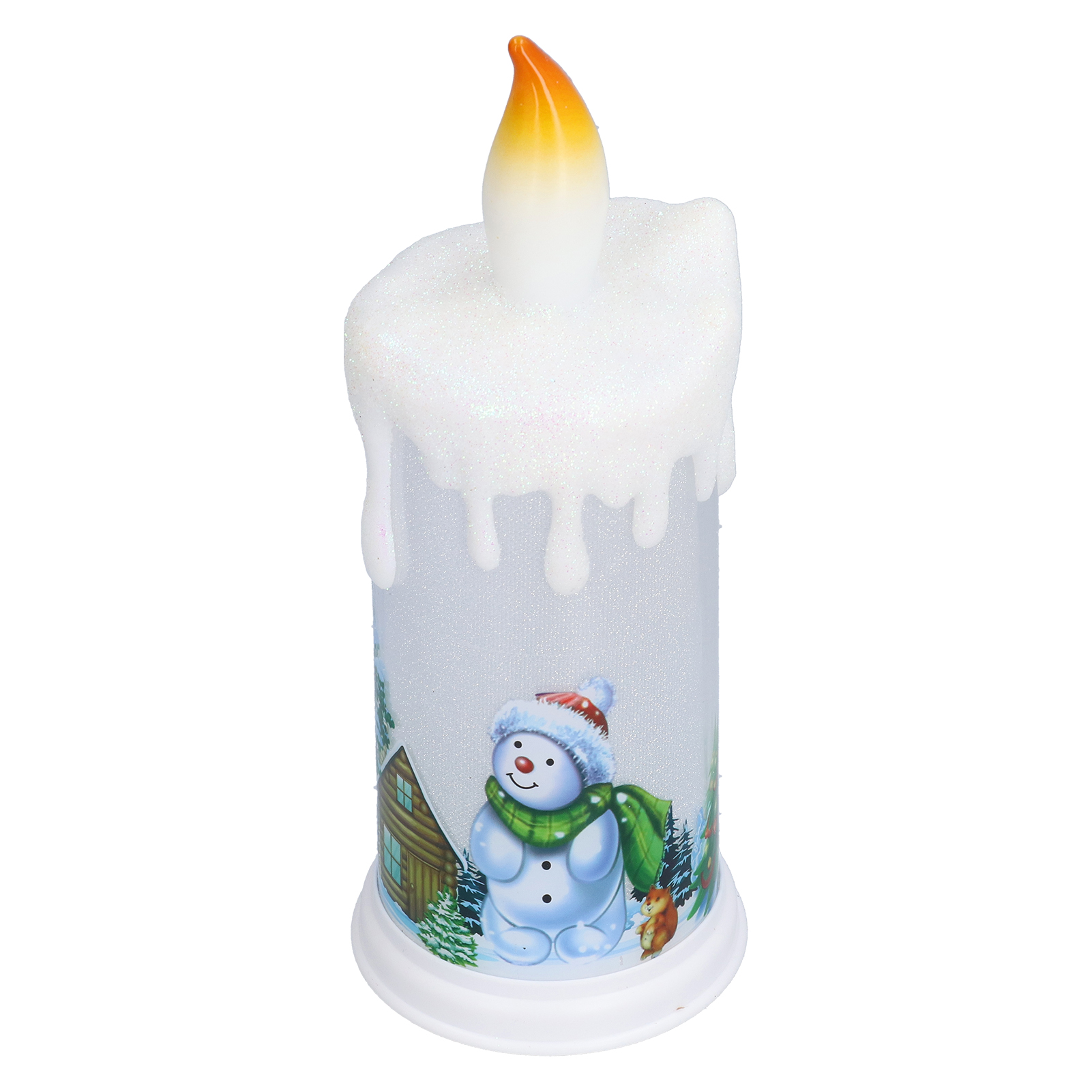 Eine Schneemannkerze mit weißer Spitze, Schmelzeffekt und einer Winterszene mit Haus und Fuchs am Körper.