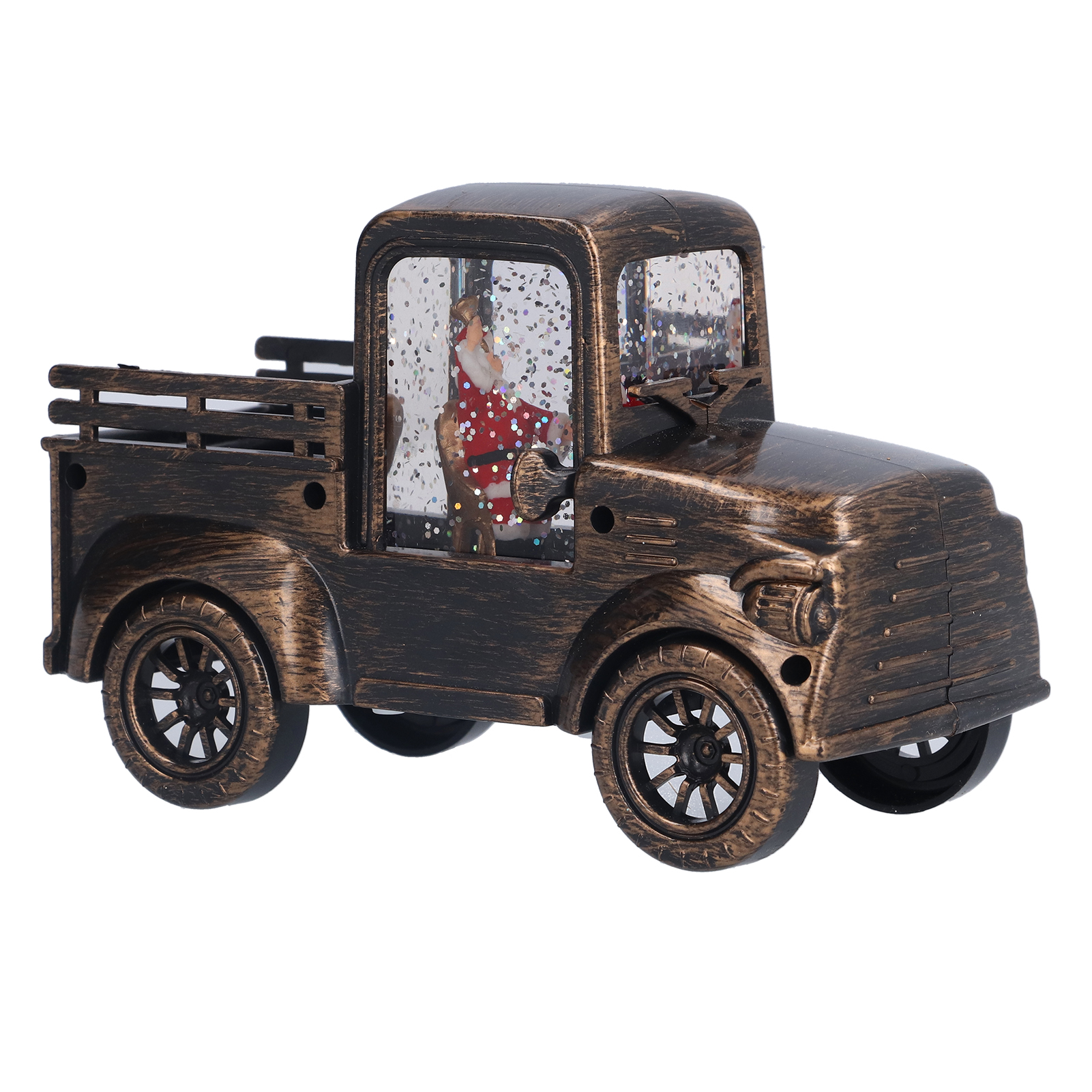 Ein bronzefarbener Spielzeug-LKW mit Schneekugeleffekt. Der Weihnachtsmann fährt. Glitzer wirbelt im Inneren herum.