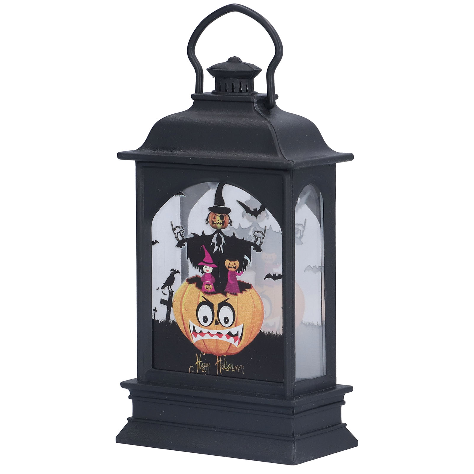 Schwarze Halloween-Laterne mit Kürbis- und Hexenfiguren im Inneren. Fledermäuse, Krähe und Grabstein im Hintergrund. Griff oben.