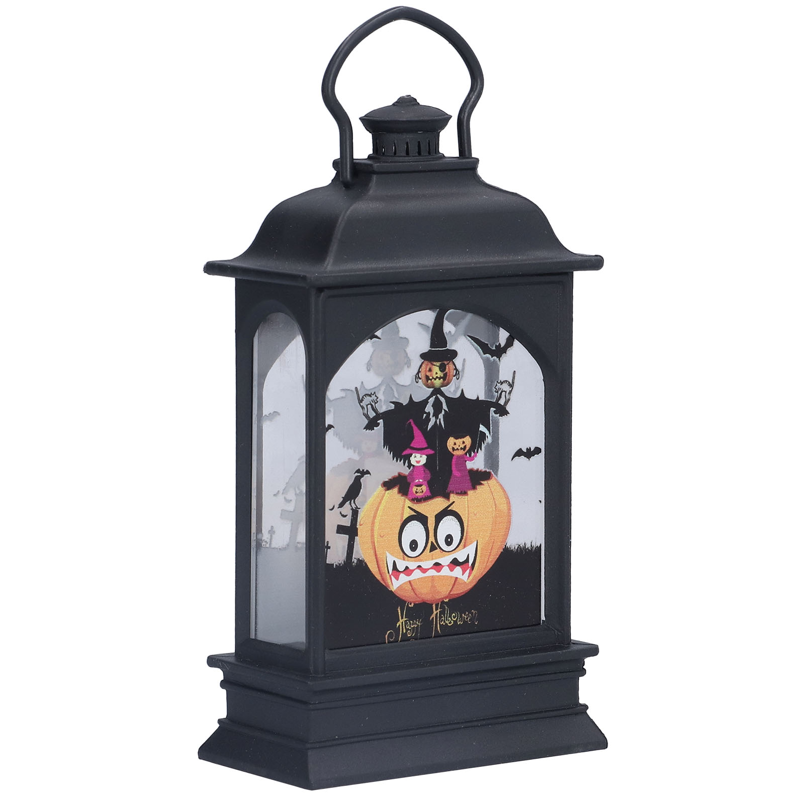 Schwarze Halloween-Laterne mit Kürbis- und Hexenfiguren. Fledermäuse und Friedhof im Hintergrund. Griff oben.