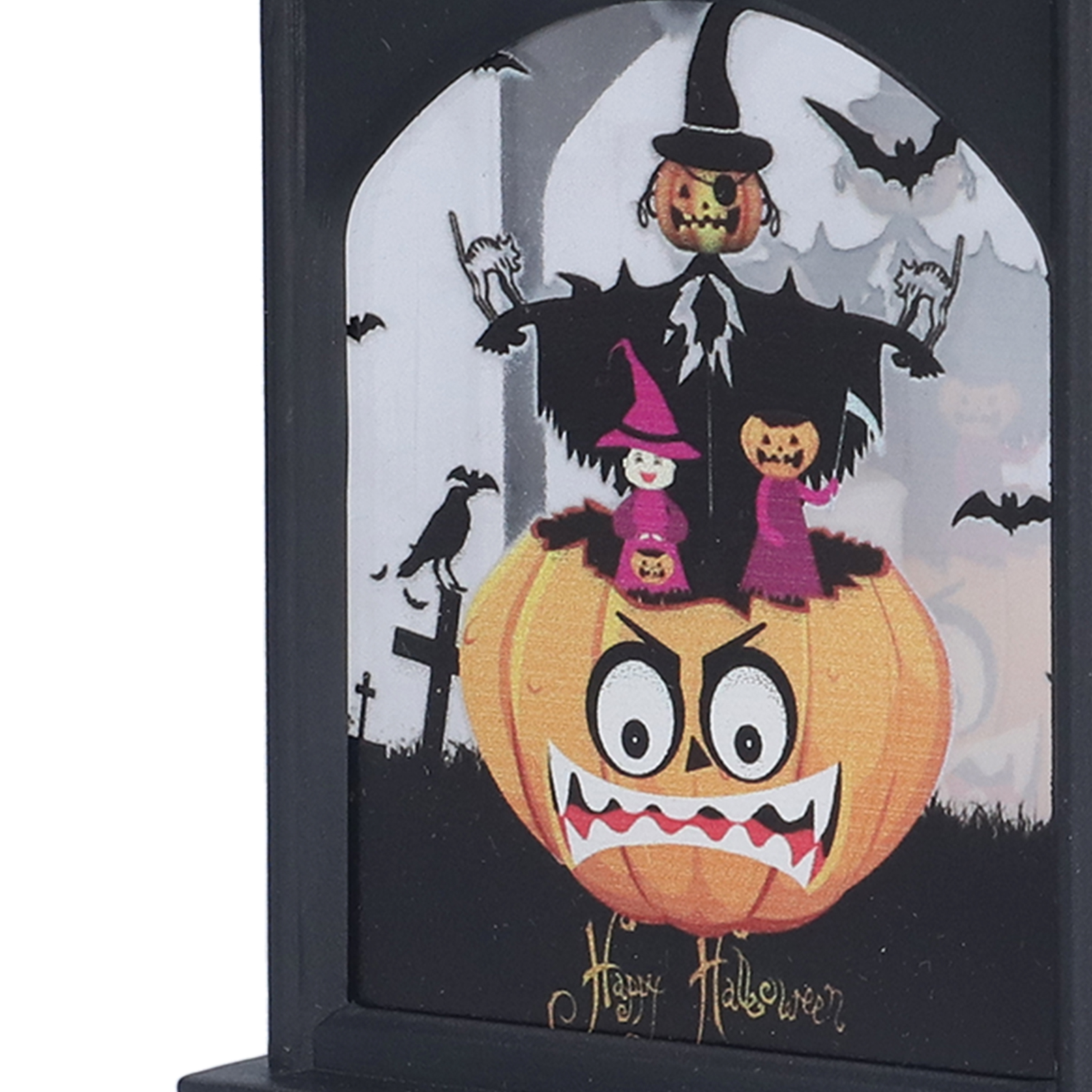 Halloween-Dekoration mit Kürbis, Vogelscheuche, Hexe und Fledermäusen. Enthält eine Friedhofszene und Happy Halloween-Text.