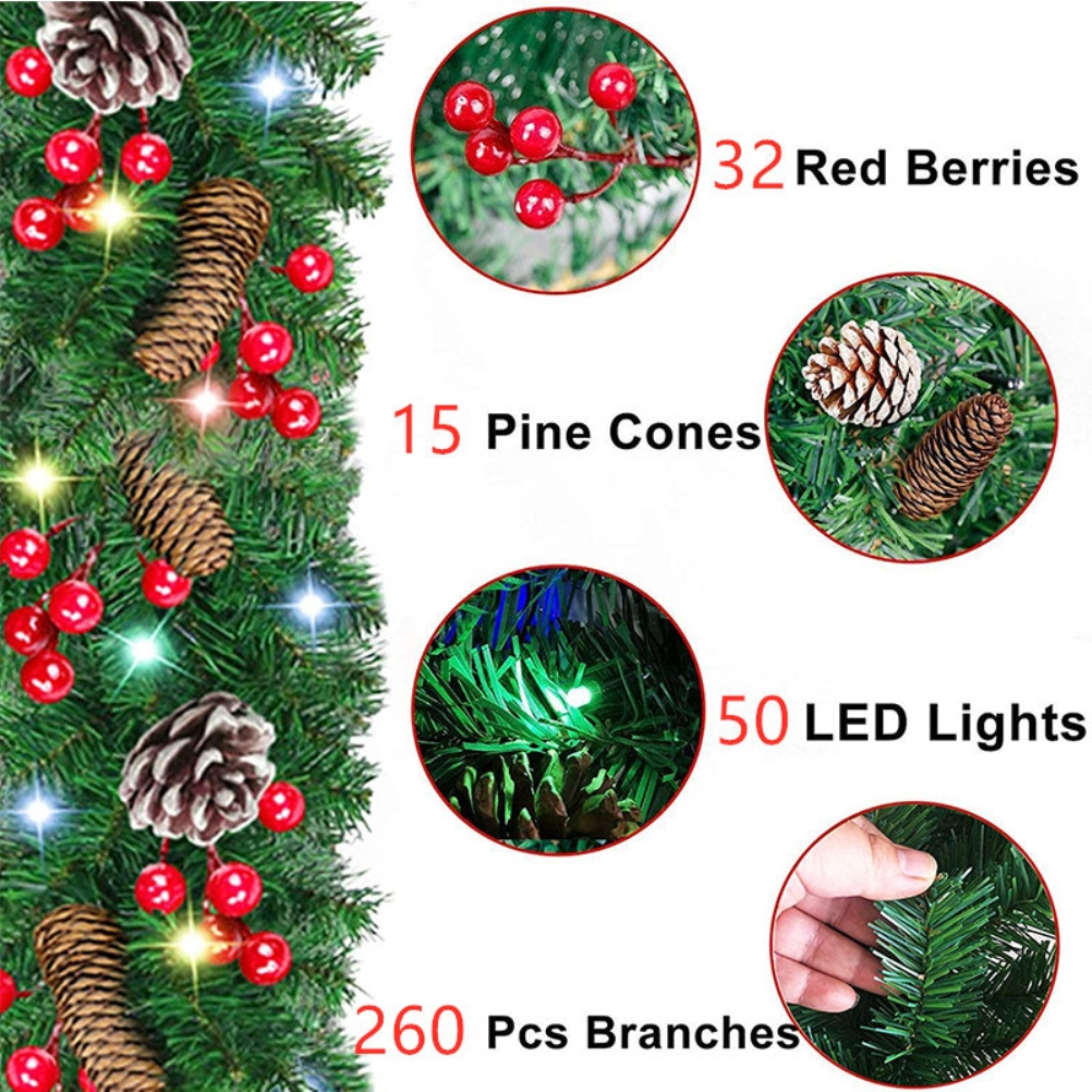 Ein Weihnachts-Girlande mit Tannenzapfen, roten Beeren und LED-Lichtern. Zahlen zeigen die Mengen.
