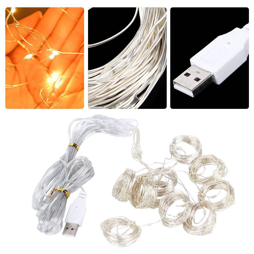 Nahaufnahmen von Lichterketten. Eine zeigt Lichter in der Hand, andere aufgerollt, durch Drähte verbunden. USB-Stecker sichtbar.